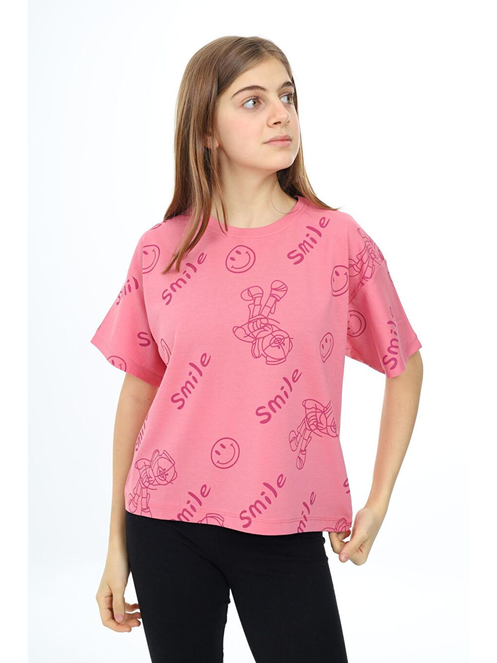 Pengai Pembe Smile Baskılı Bisiklet Yaka Kız Çocuk T-shirt 17766 - 1