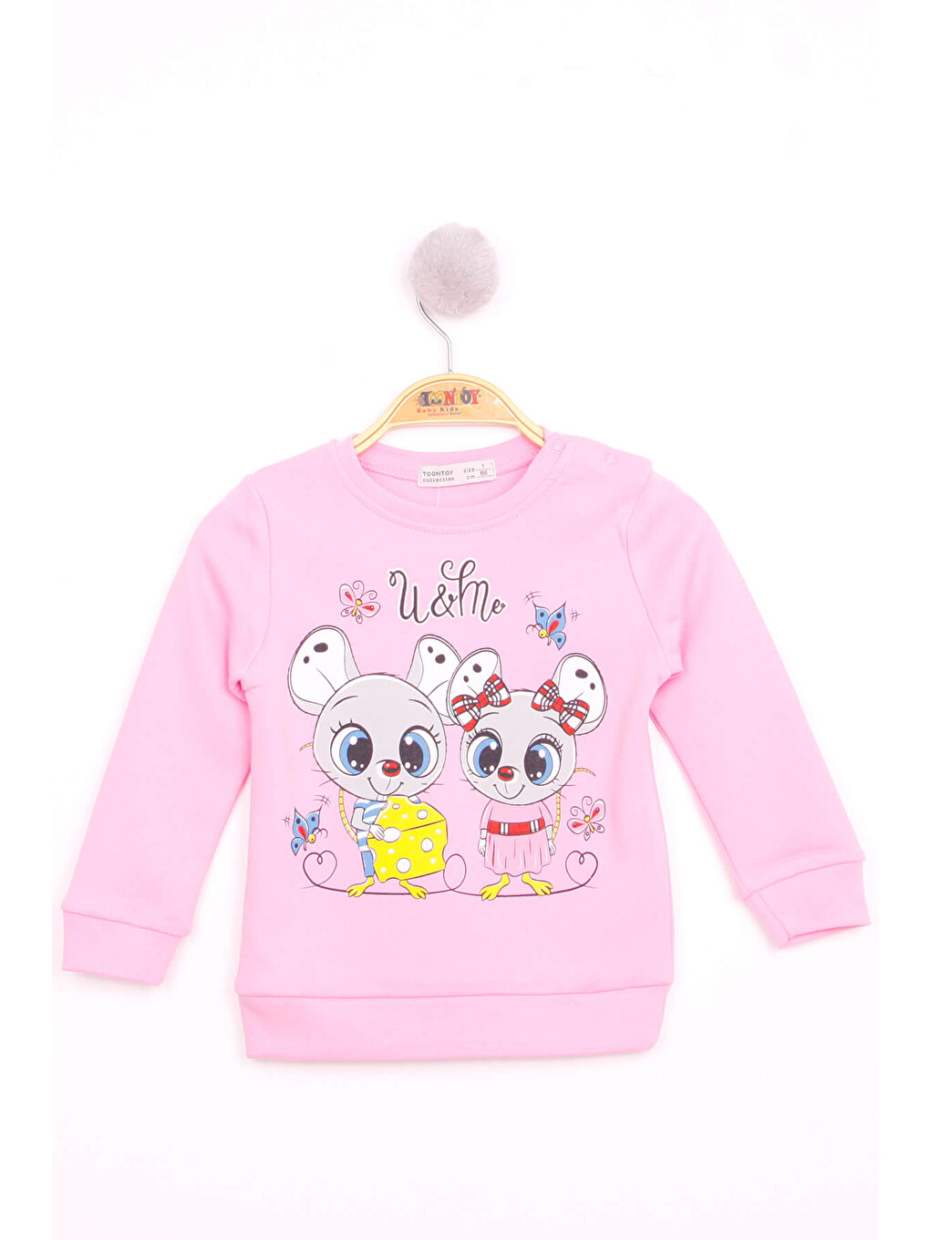 Pembe Kız Çocuk Omuzdan Çıtçıtlı Fare Baskılı Sweatshirt