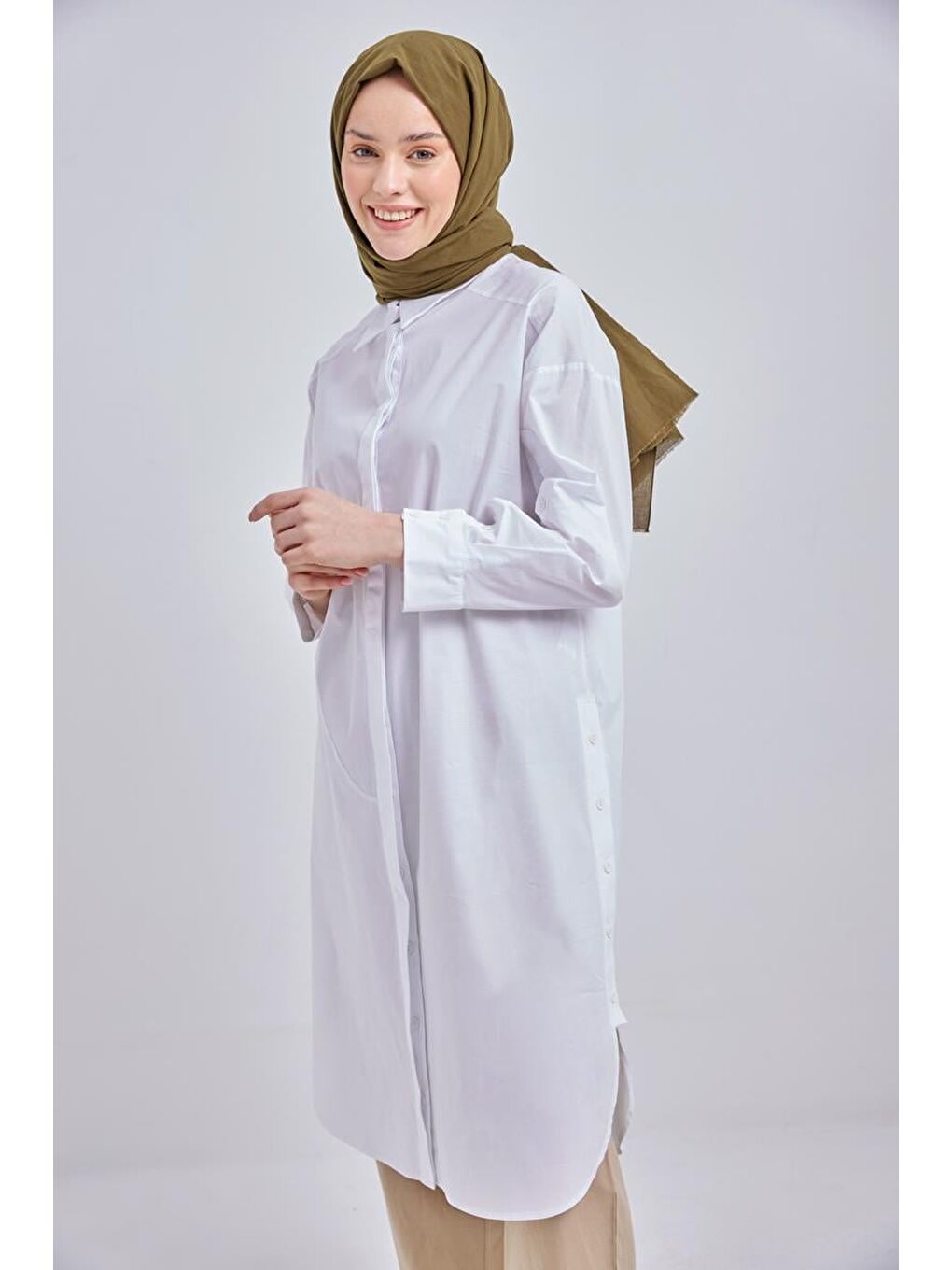 Beyaz-Relax Pamuklu Poplin Gömlek Tunik