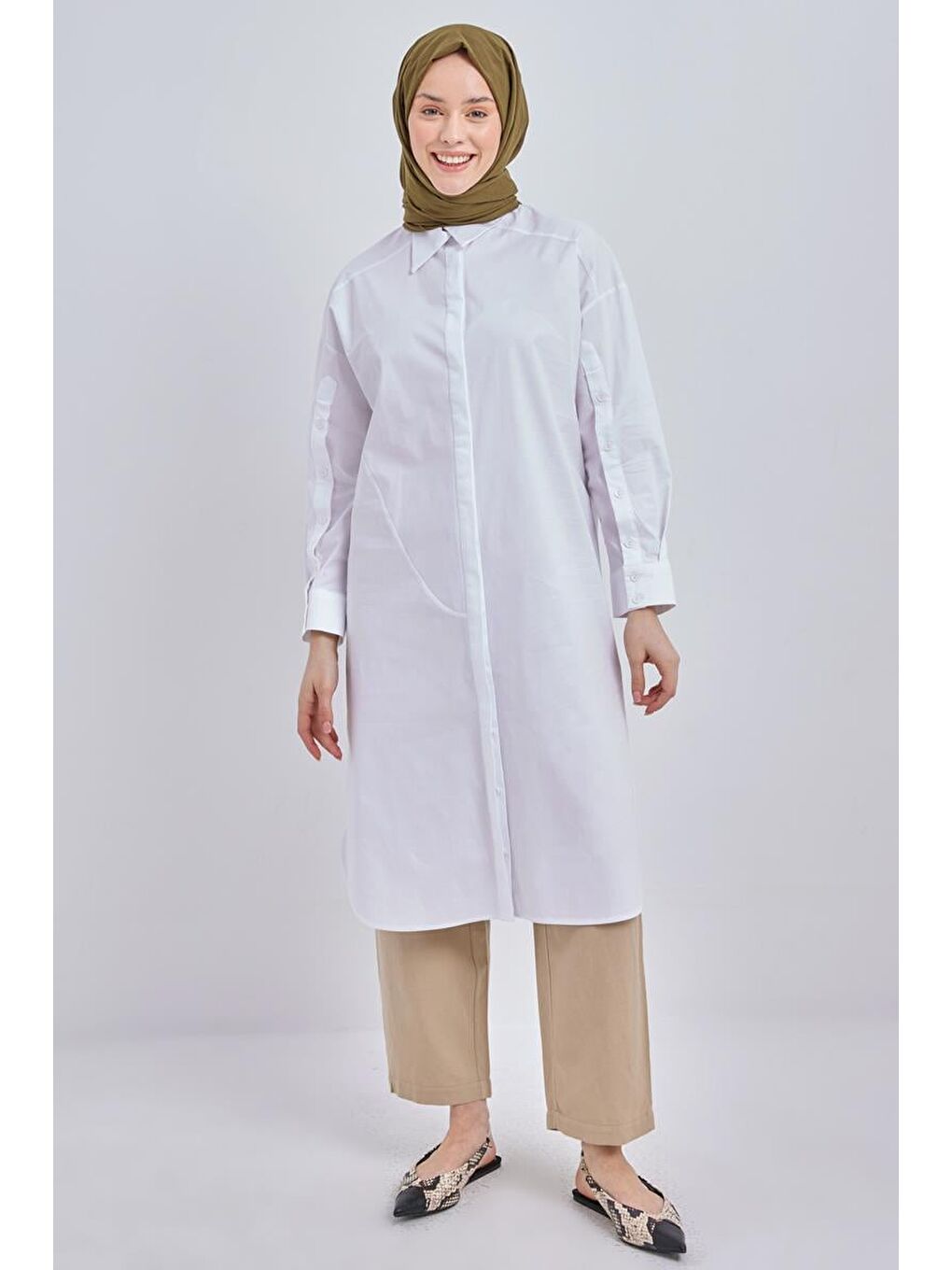 Beyaz-Relax Pamuklu Poplin Gömlek Tunik-1