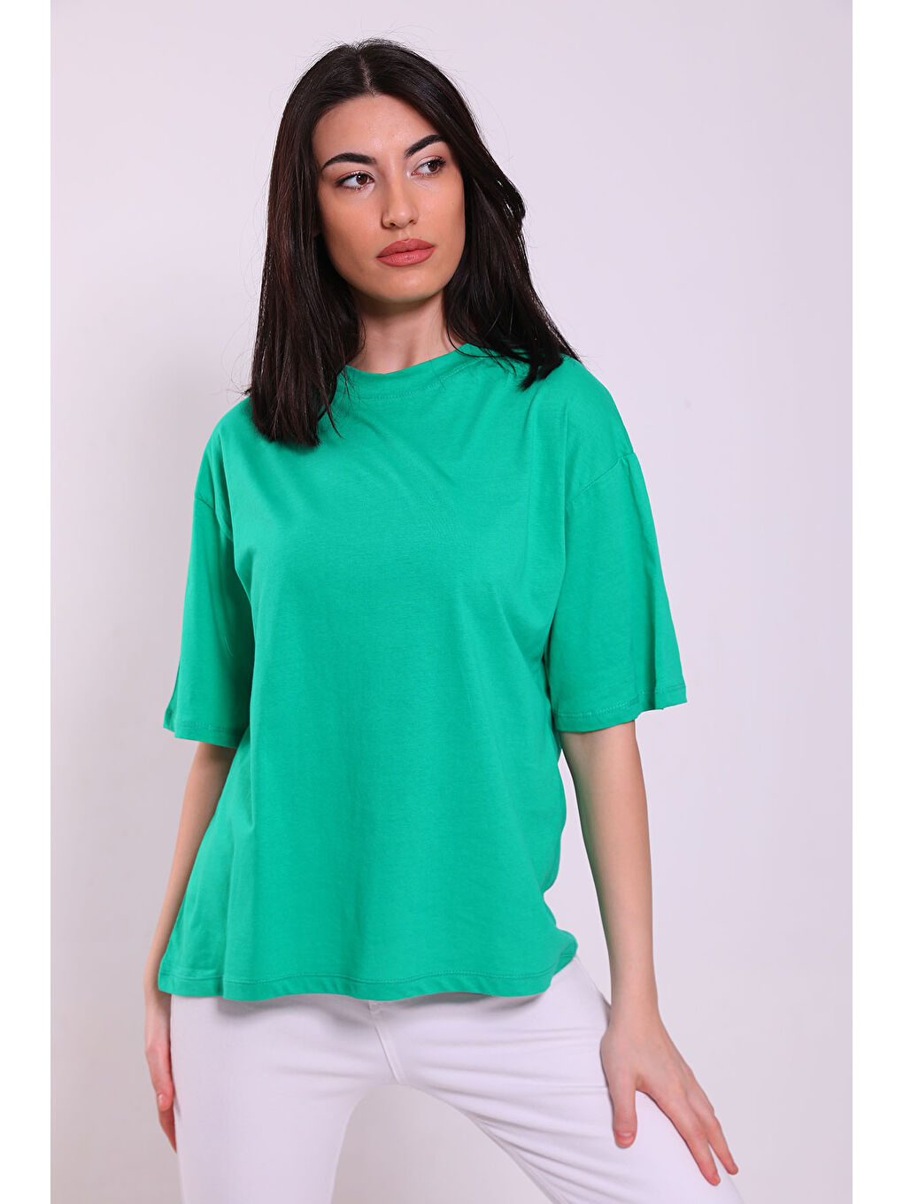 GÜLSELİ Yeşil Kadın Bisiklet Yaka Sırt Baskılı Oversize T-shirt