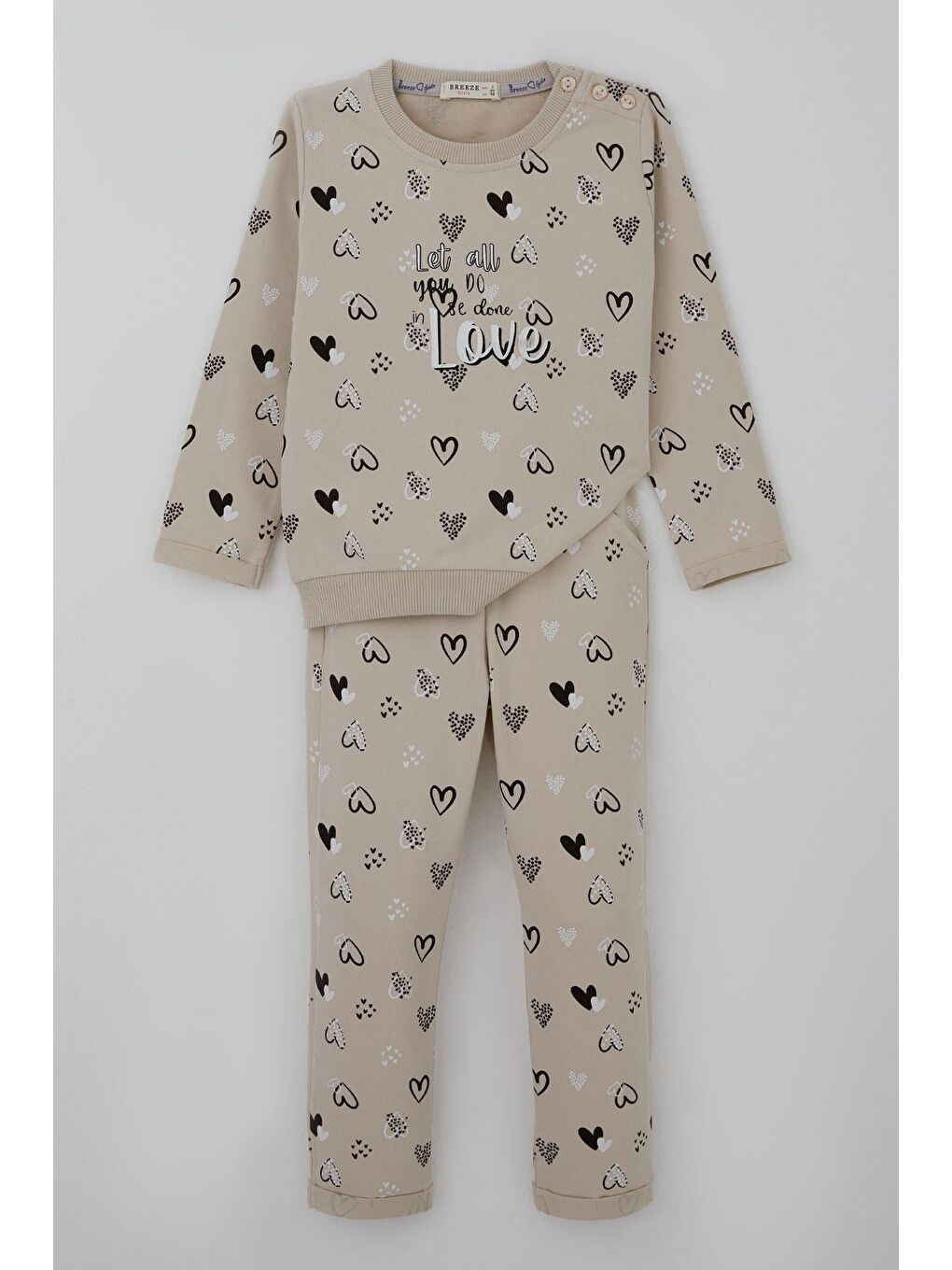 Kız Bebek Eşofman Takımı Kalp Desenli Bej (9 Ay-3 Yaş)