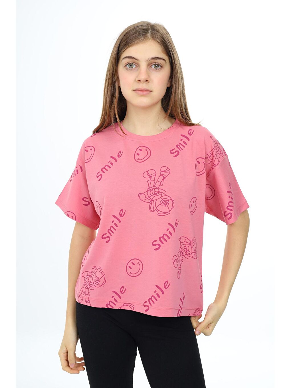 Pengai Pembe Smile Baskılı Bisiklet Yaka Kız Çocuk T-shirt 17766 - 2