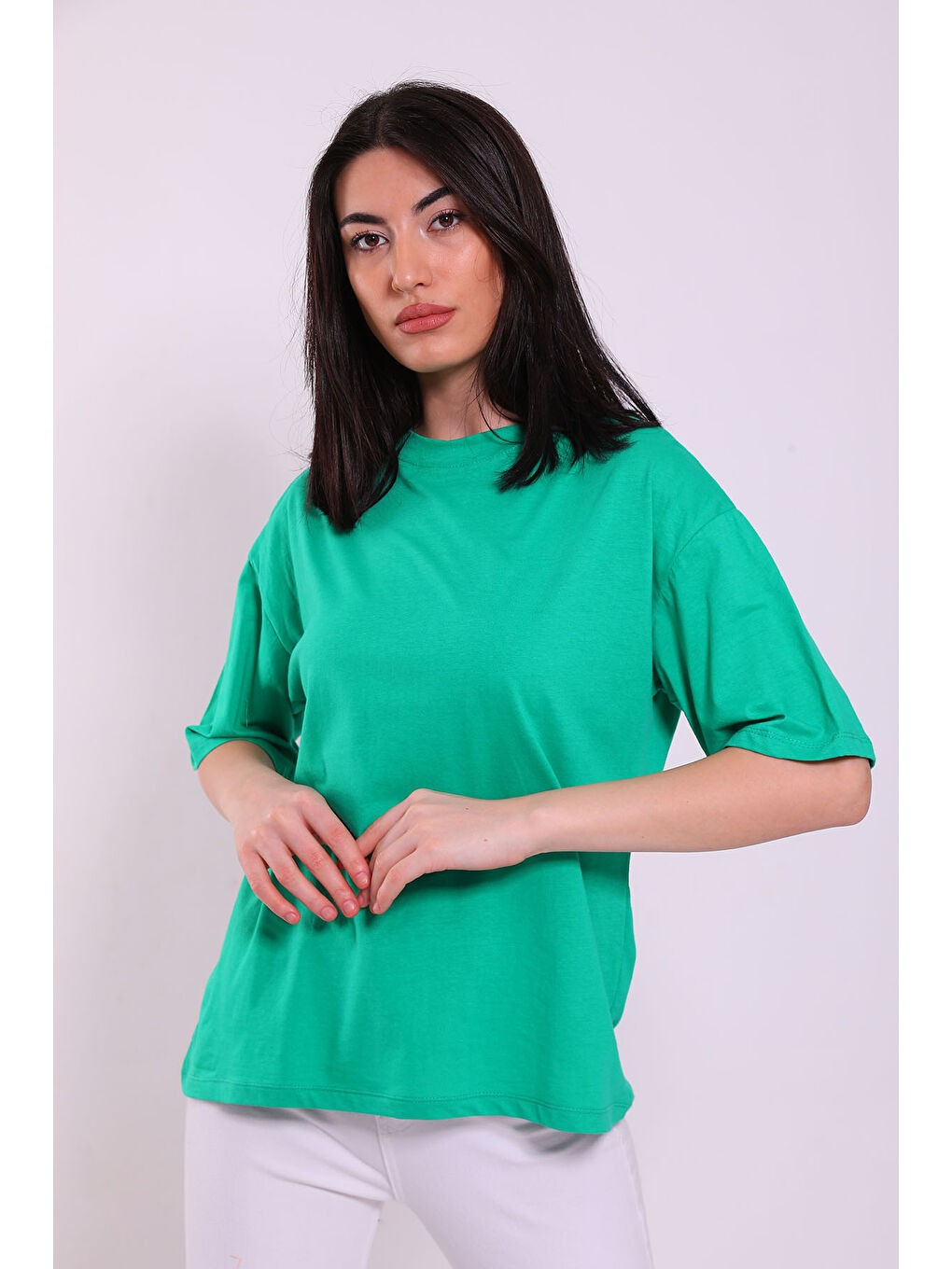 GÜLSELİ Yeşil Kadın Bisiklet Yaka Sırt Baskılı Oversize T-shirt - 1