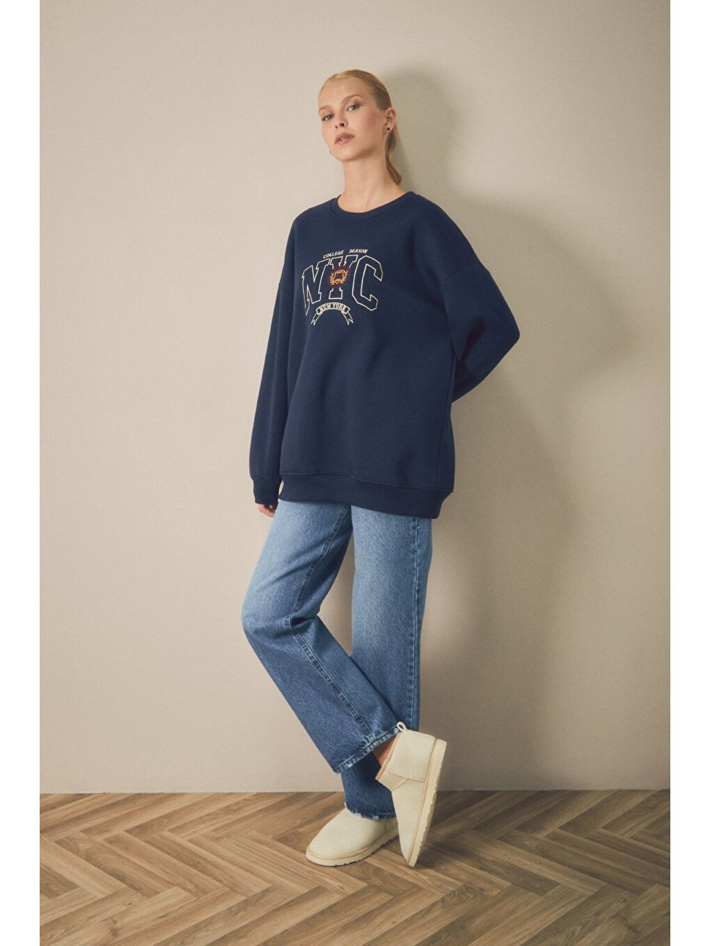 Fullamoda Lacivert Nyc Nakışlı Bisiklet Yaka Yarım Fermuarlı Oversize Sweatshirt - 1