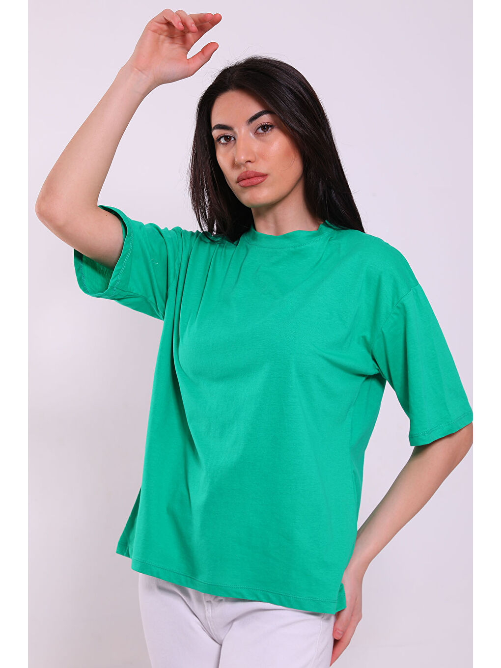 GÜLSELİ Yeşil Kadın Bisiklet Yaka Sırt Baskılı Oversize T-shirt - 2