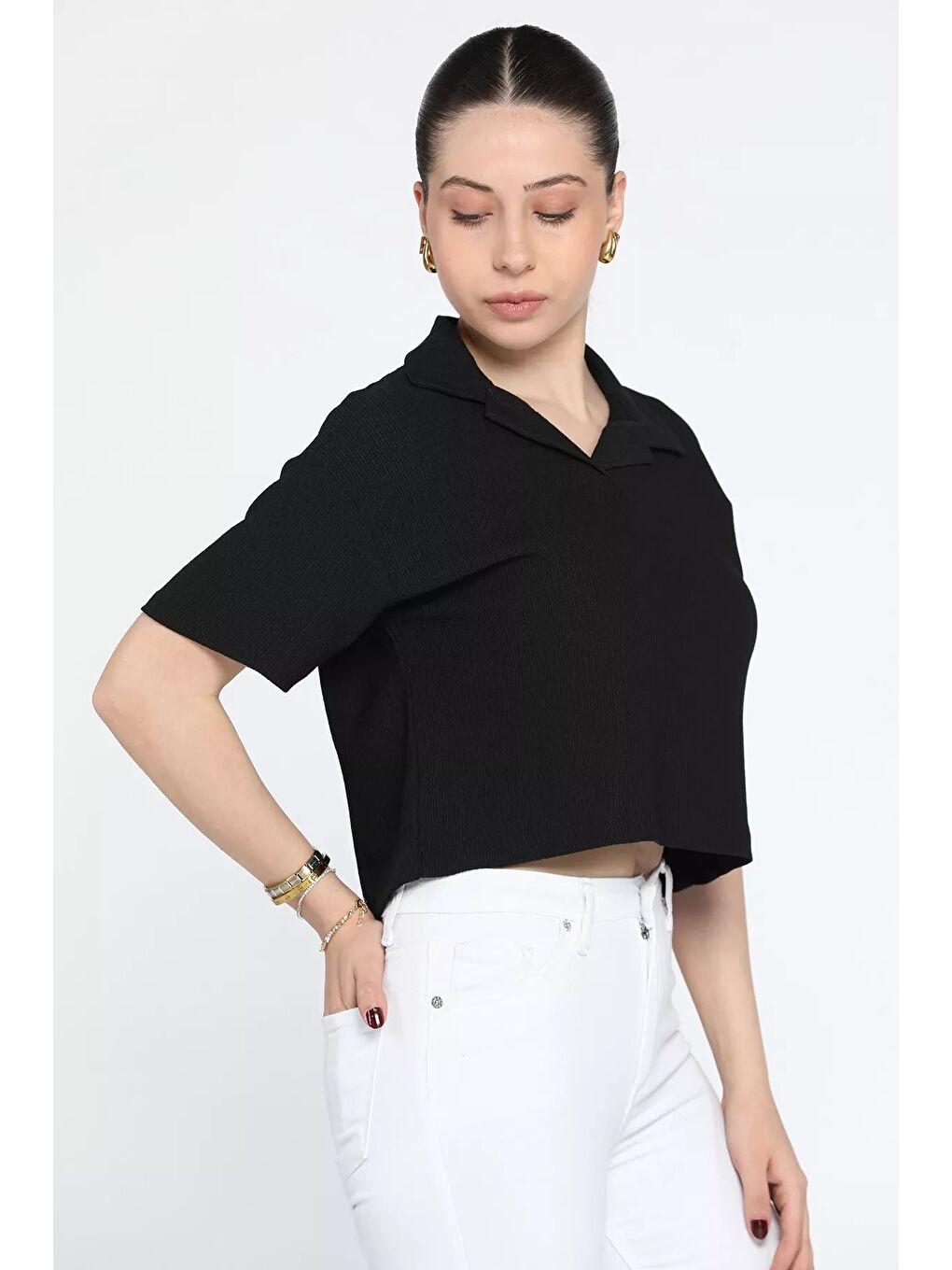 GÜLSELİ Siyah Kadın Polo Yaka Crop T-shirt - 3