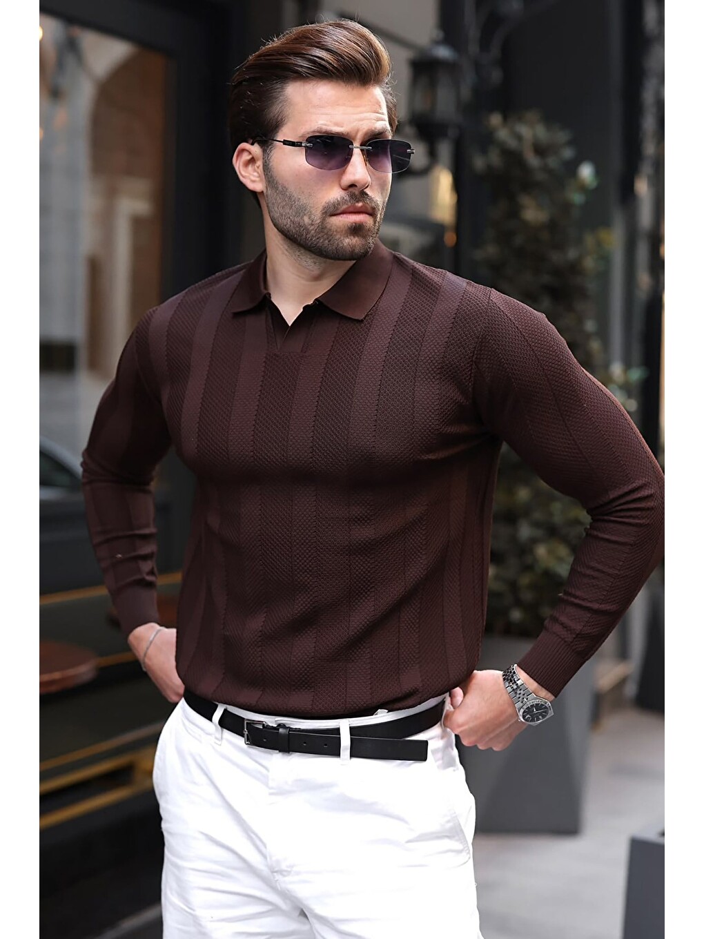Kahverengi Regular Fit Polo Yaka Triko Erkek Kazak E7509-4