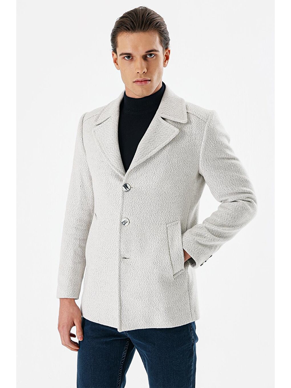 Bej Taş Rengi Kaşe Kırlangıç Yaka Desenli Yünlü Astarlı Slim Fit Dar Kesim Casual Mont 1007235173