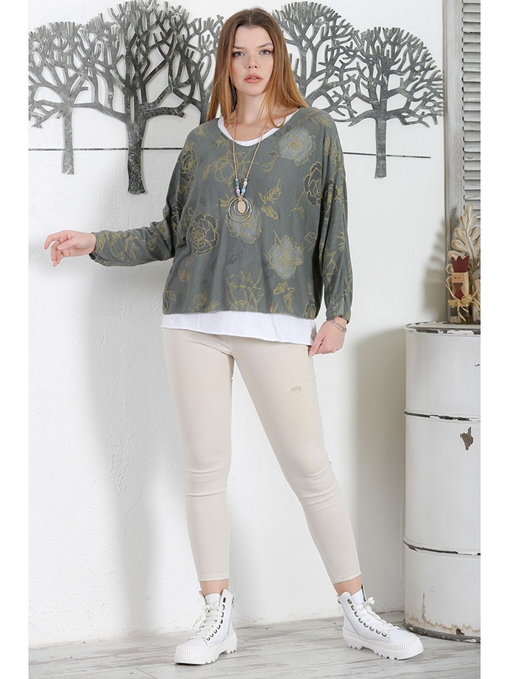 İtalyan Üçlü Set Haki V Yaka Yarasa Kol Yaka Ve Etek Ucu Lurex İpli Kolyeli Ve İçi Basic Triko Bluz-5