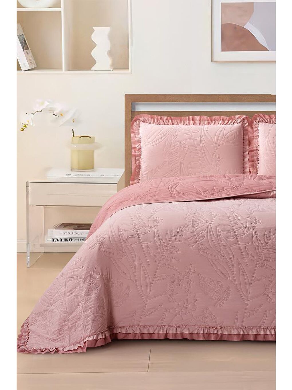 Karışık Madrid Elyaf Dolgulu Çift Kişilik 240x260 Cm Yatak Örtüsü Pudra