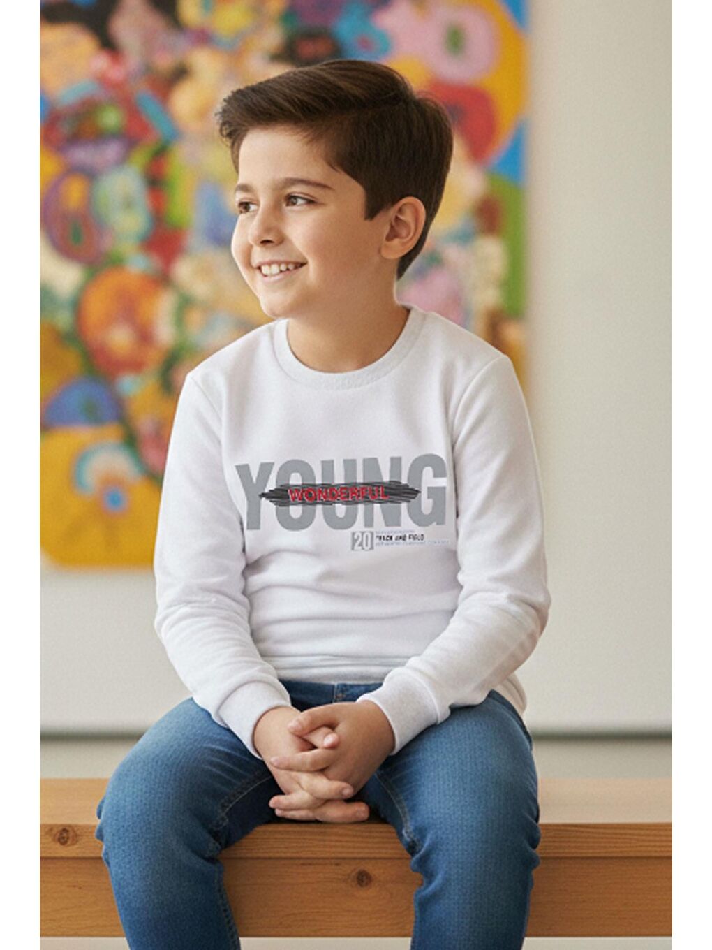 Erkek Çocuk Sweatshirt Yazı Baskılı Beyaz (8-14 Yaş)-1