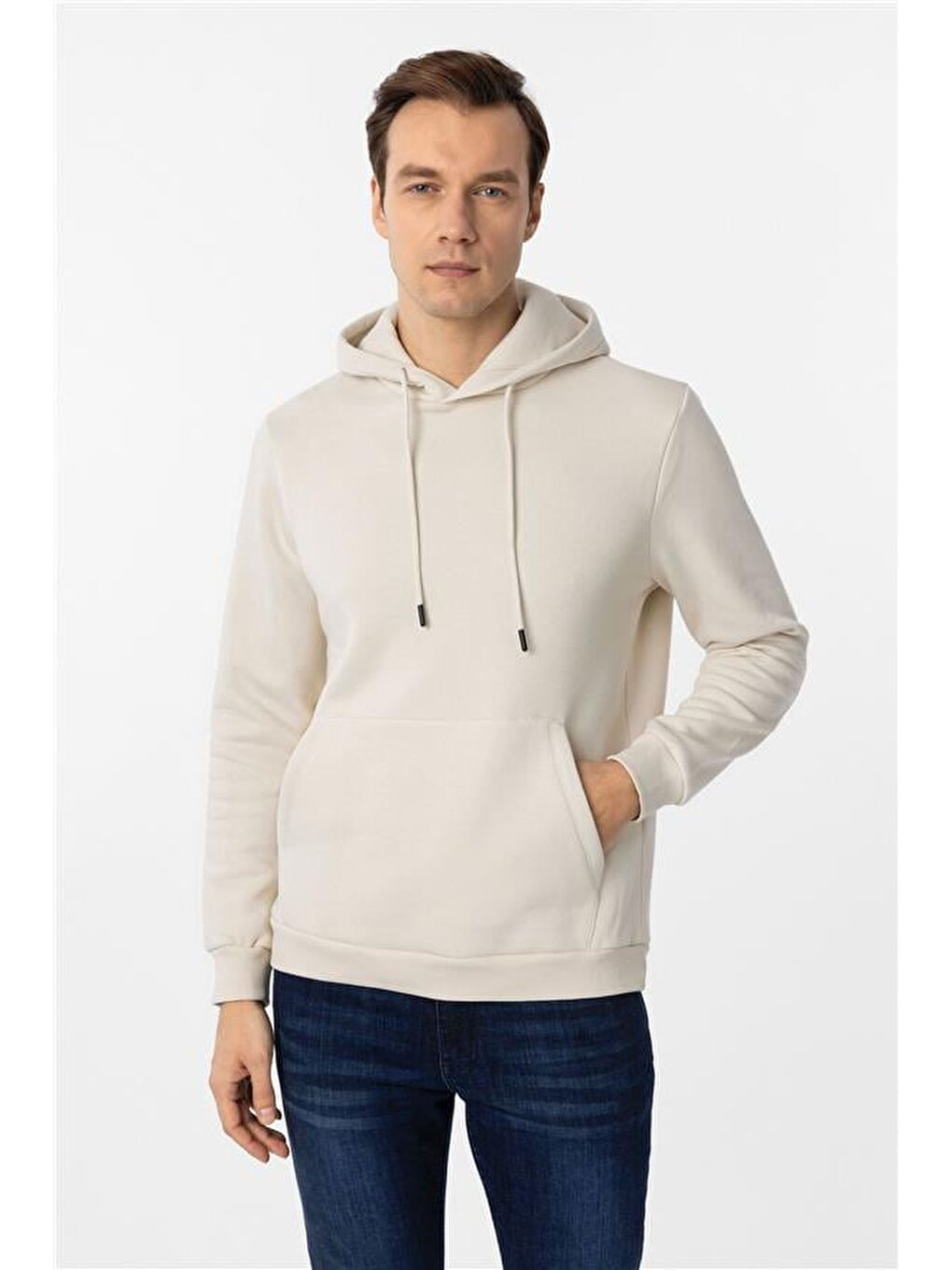 Bej Regular Düz Kapüşonlu Yaka Triko