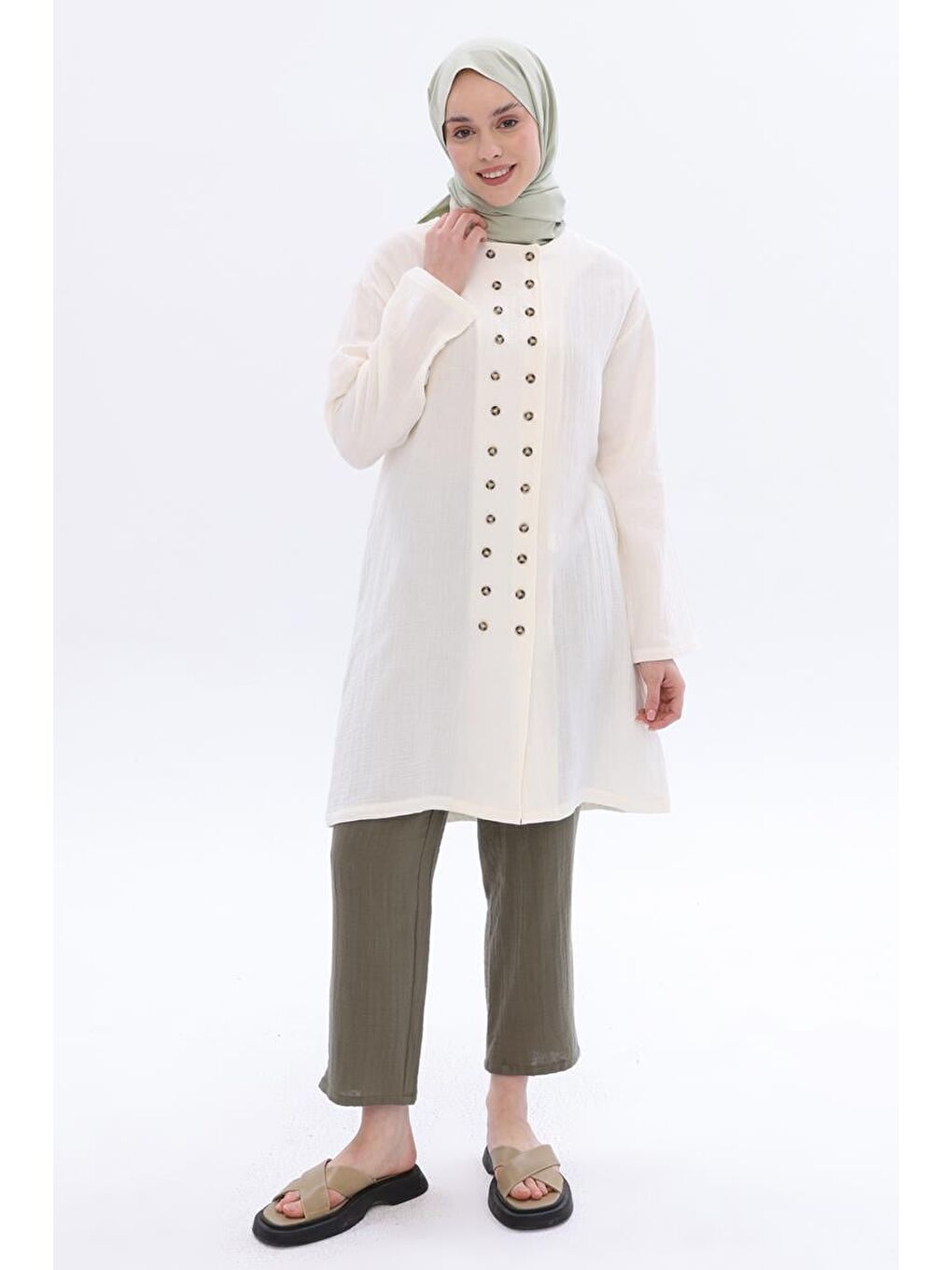 Ekru Kemik-%100 Pamuklu Çift Düğmeli Gömlek Tunik-1