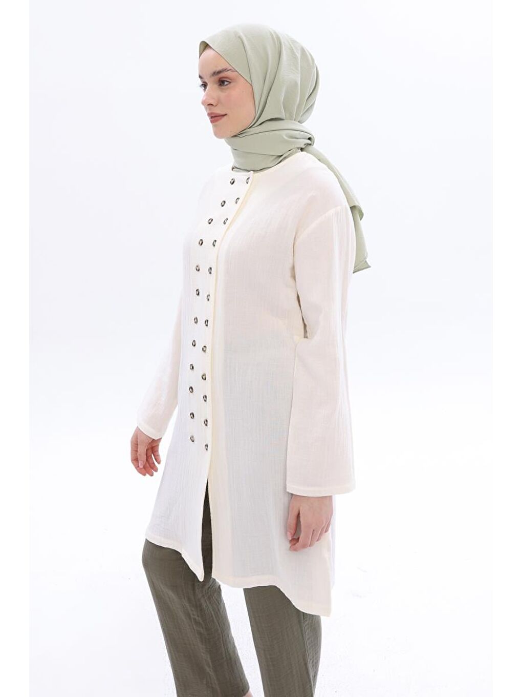 Ekru Kemik-%100 Pamuklu Çift Düğmeli Gömlek Tunik-2