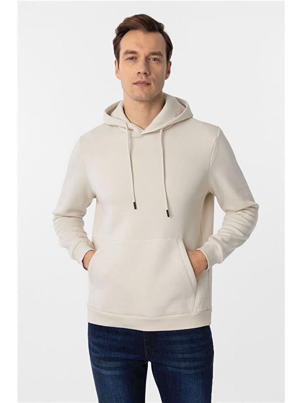 Bej Regular Düz Kapüşonlu Yaka Triko-1