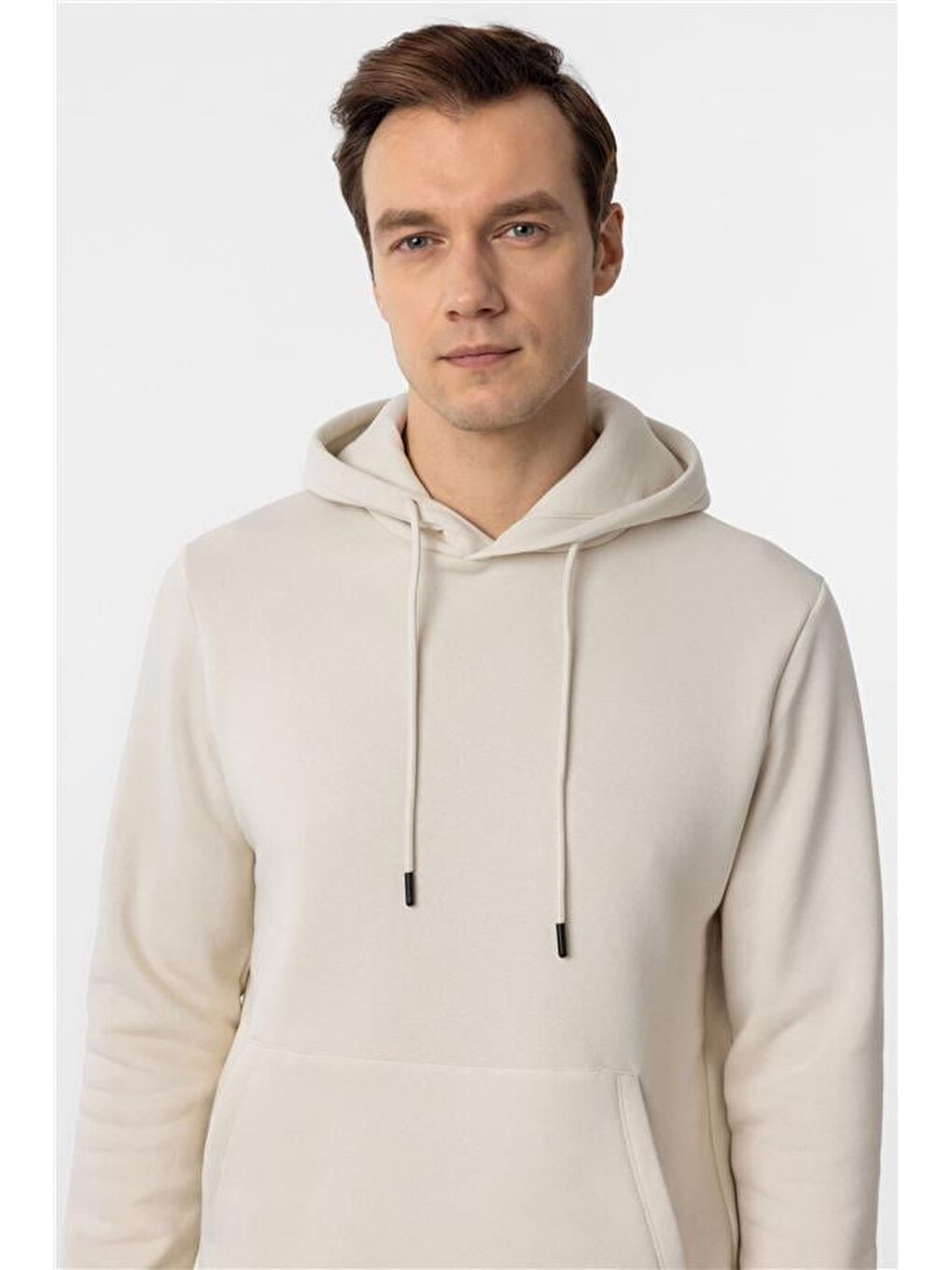 Bej Regular Düz Kapüşonlu Yaka Triko-2