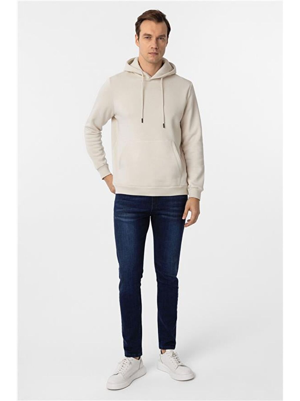 Bej Regular Düz Kapüşonlu Yaka Triko-4