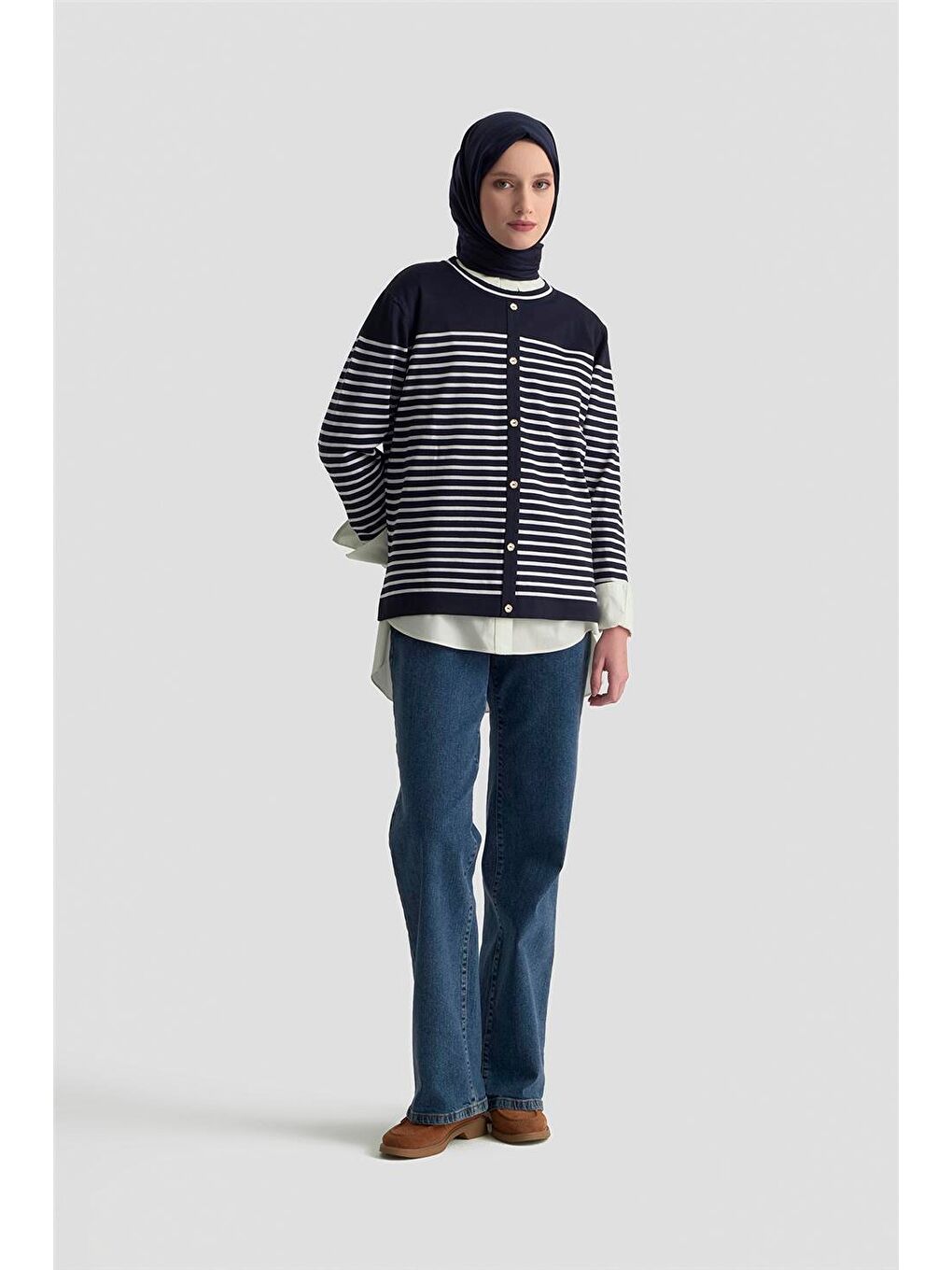 Düğmeli Çizgili Triko Kazak 25Ktd4128 Lacivert