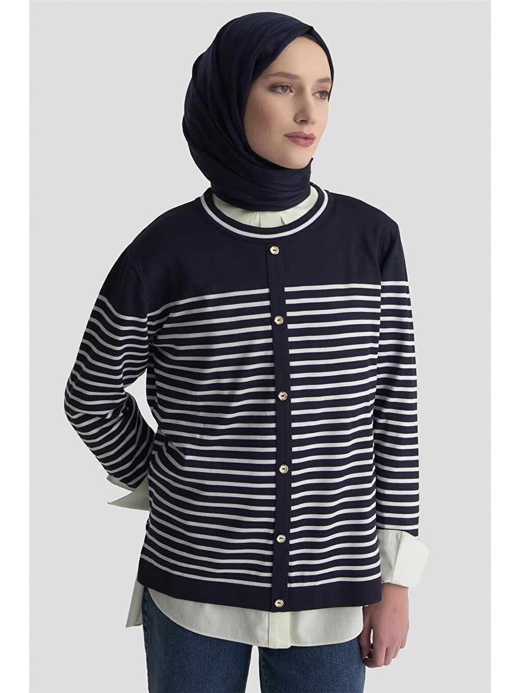 Düğmeli Çizgili Triko Kazak 25Ktd4128 Lacivert-1
