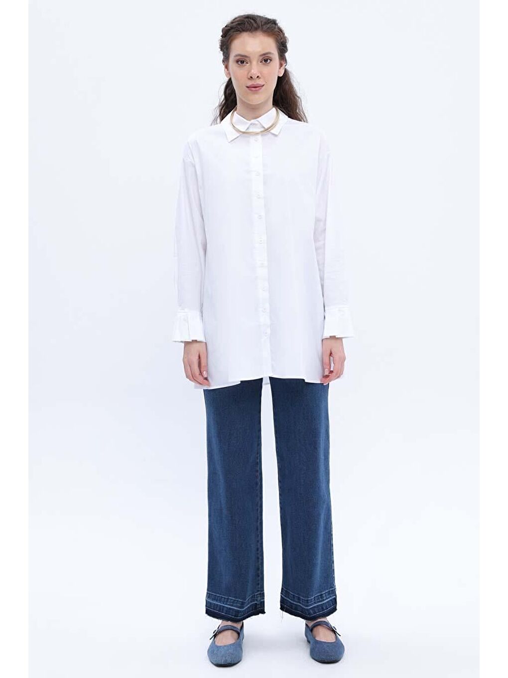 Beyaz-Pamuklu Pile Detaylı Poplin Gömlek-1