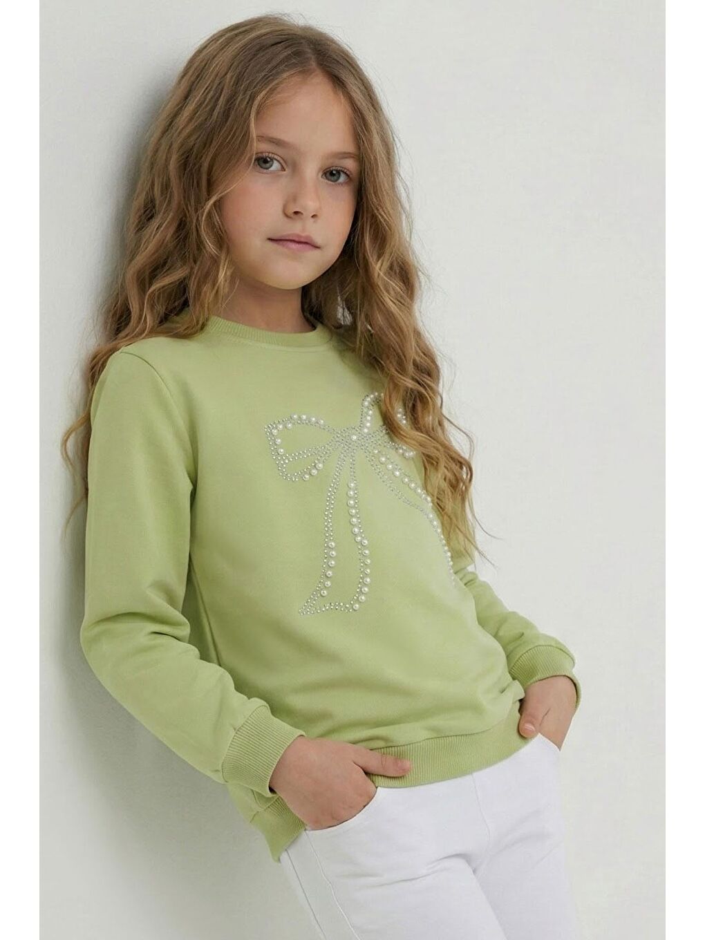 Kız Çocuk Sweatshirt İnci Taş İşlemeli Fıstık Yeşili (7-12 Yaş)-1