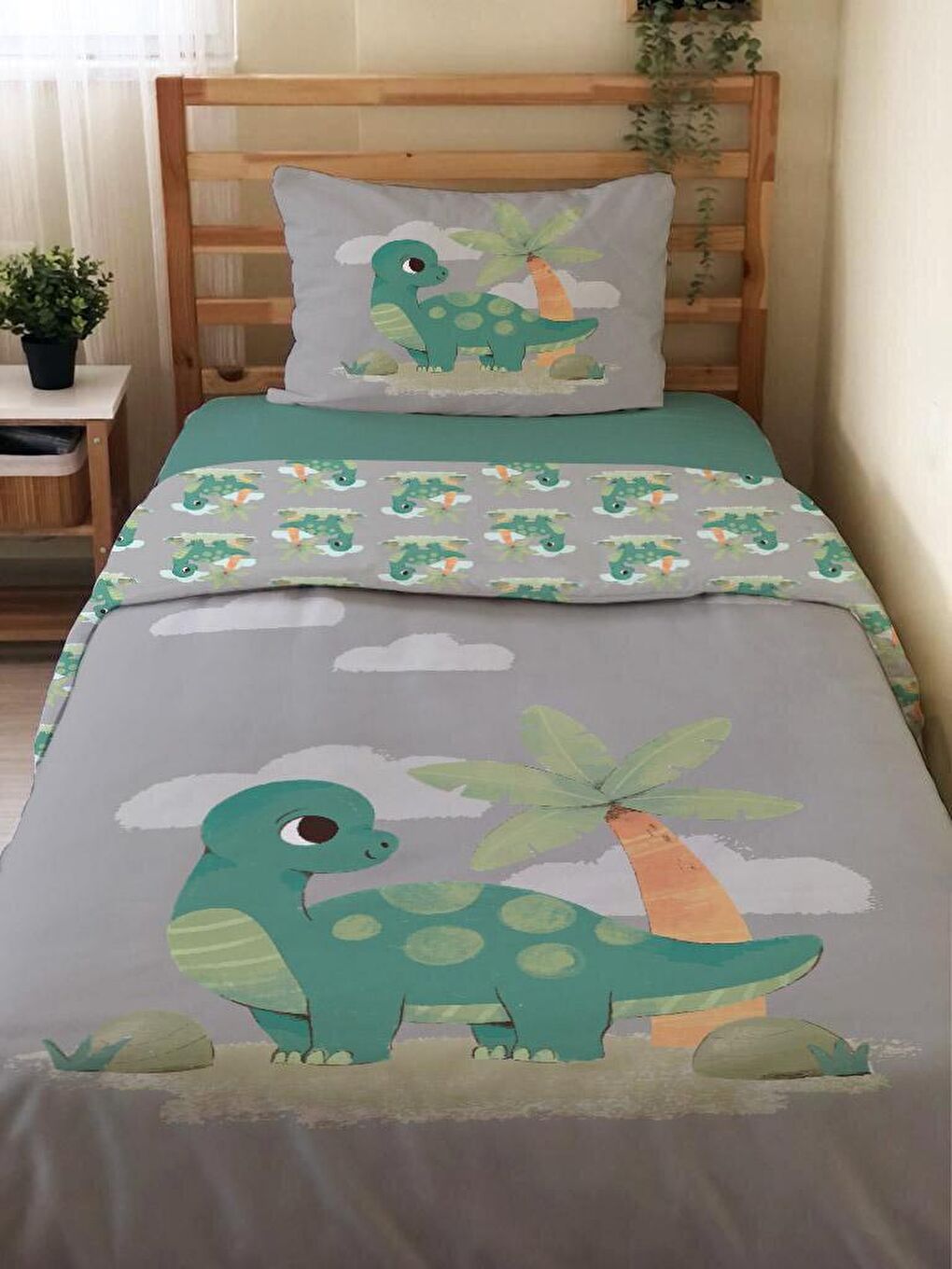 Evmila Çift Taraflı Yavru Dinozor Desenli Çarşafsız 2'li Takım  Tek Kişilik Nevresim Takımı 160x220 Cm