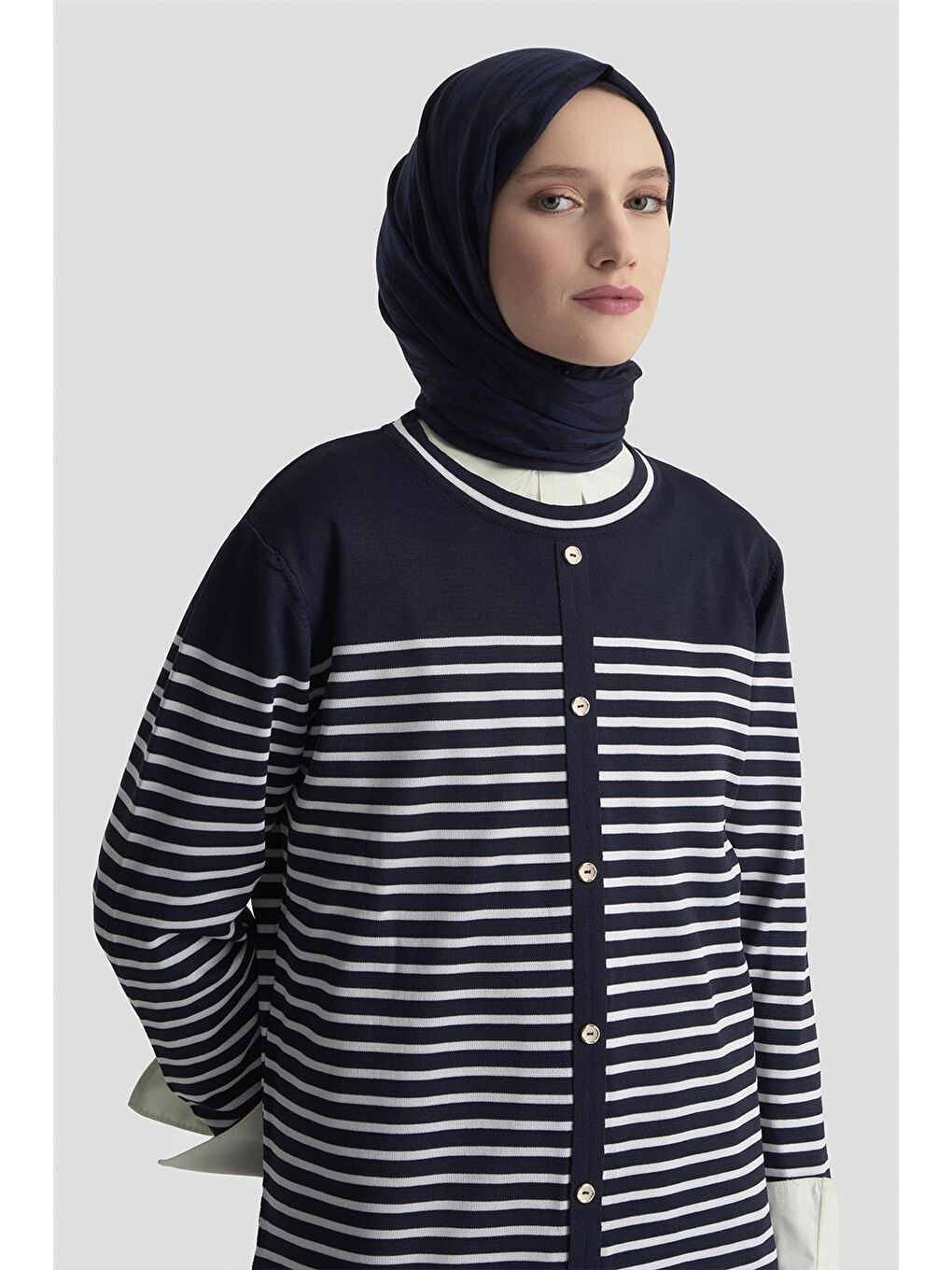 Düğmeli Çizgili Triko Kazak 25Ktd4128 Lacivert-2