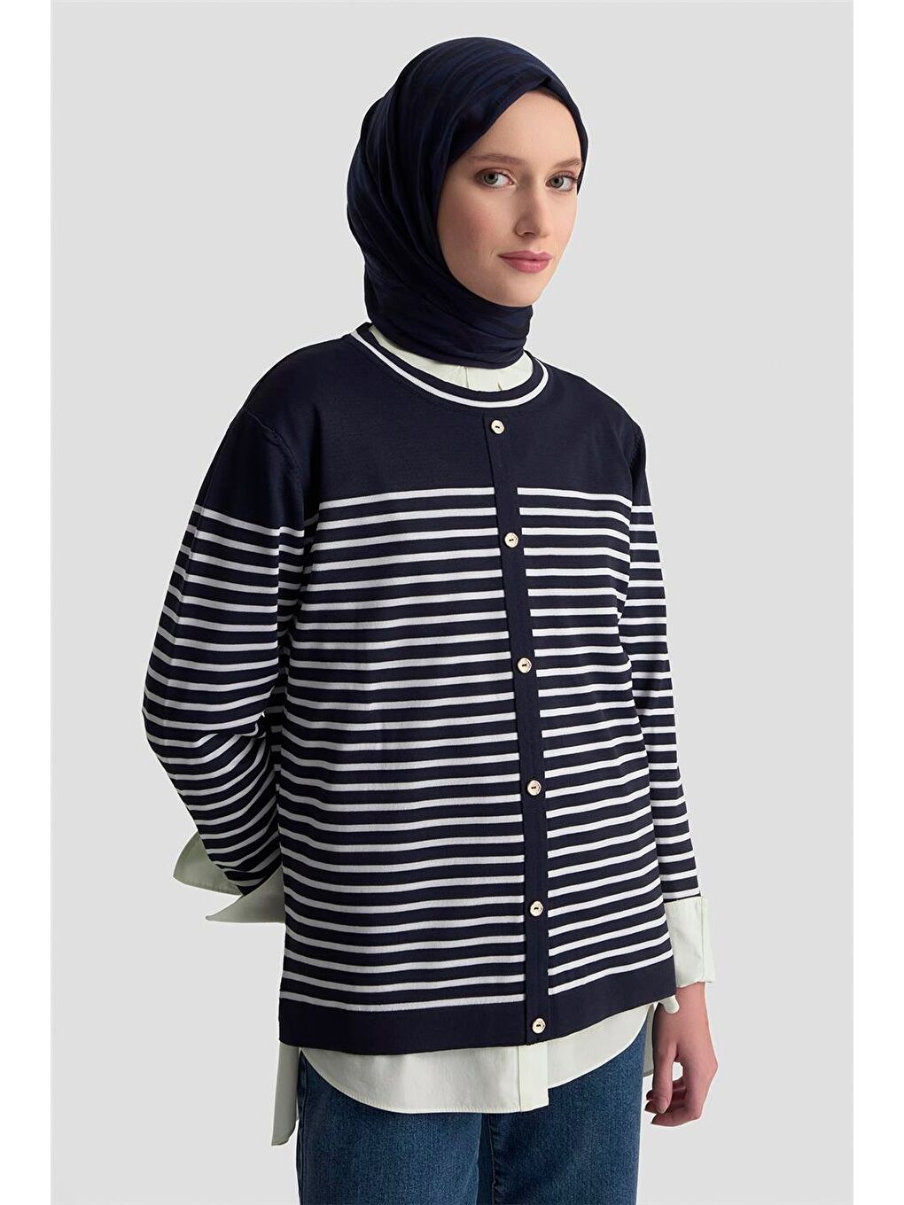 Düğmeli Çizgili Triko Kazak 25Ktd4128 Lacivert-3