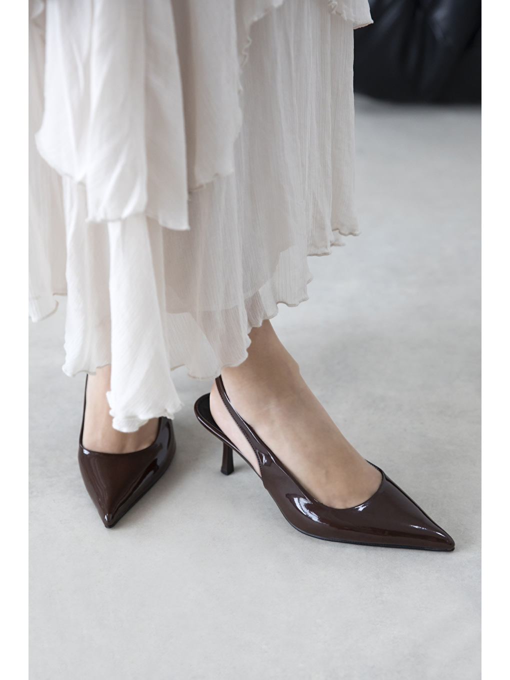 Kahverengi Raye Kadın Topuklu Rugan Ayakkabı Kahve