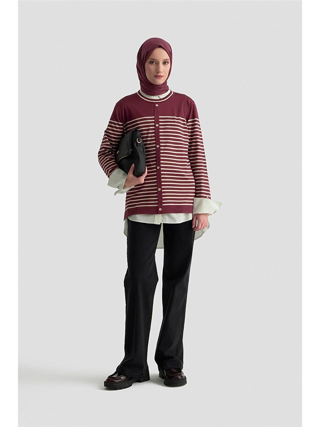 Düğmeli Çizgili Triko Kazak 25Ktd4128 Bordo-1