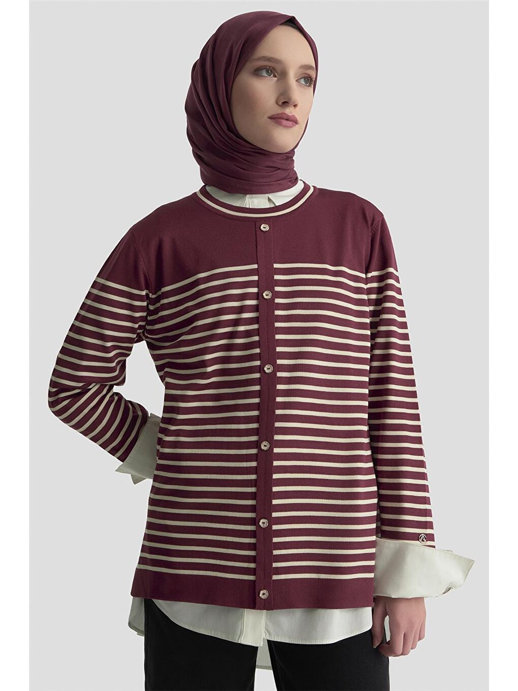 Düğmeli Çizgili Triko Kazak 25Ktd4128 Bordo-2