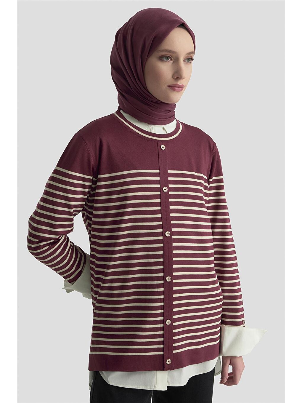 Düğmeli Çizgili Triko Kazak 25Ktd4128 Bordo-3