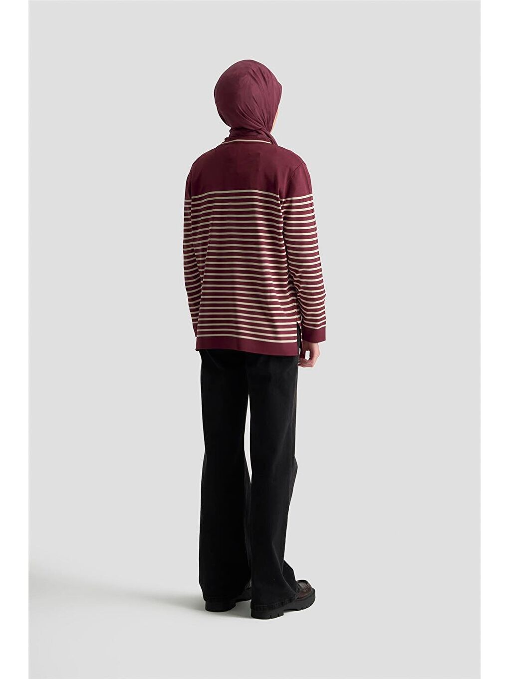 Düğmeli Çizgili Triko Kazak 25Ktd4128 Bordo-4