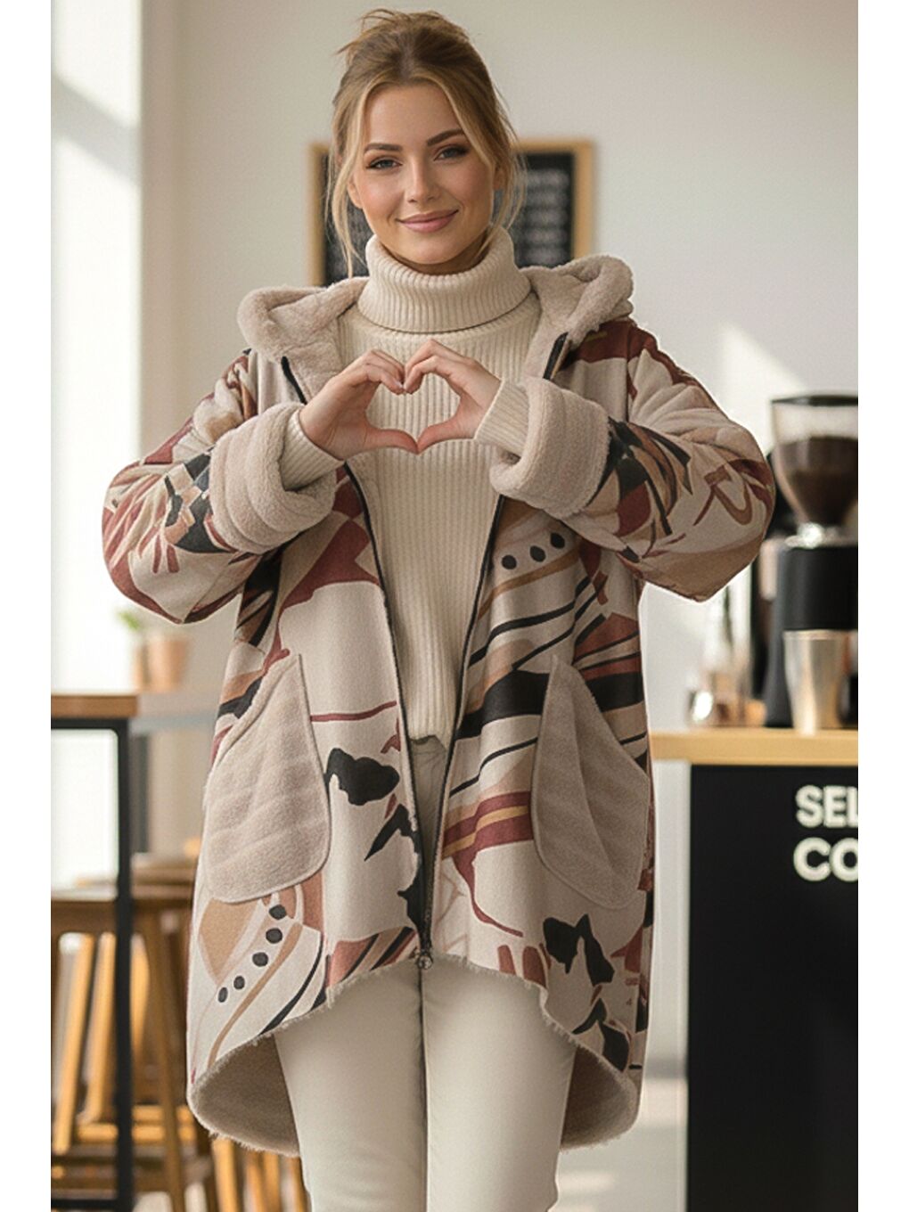 İtalyan Bej Kapüşonlu Uzun Kol Fermuarlı Cepli Casual Pelüş Arkası Uzun Oversize Dokuma Ceket 70 80