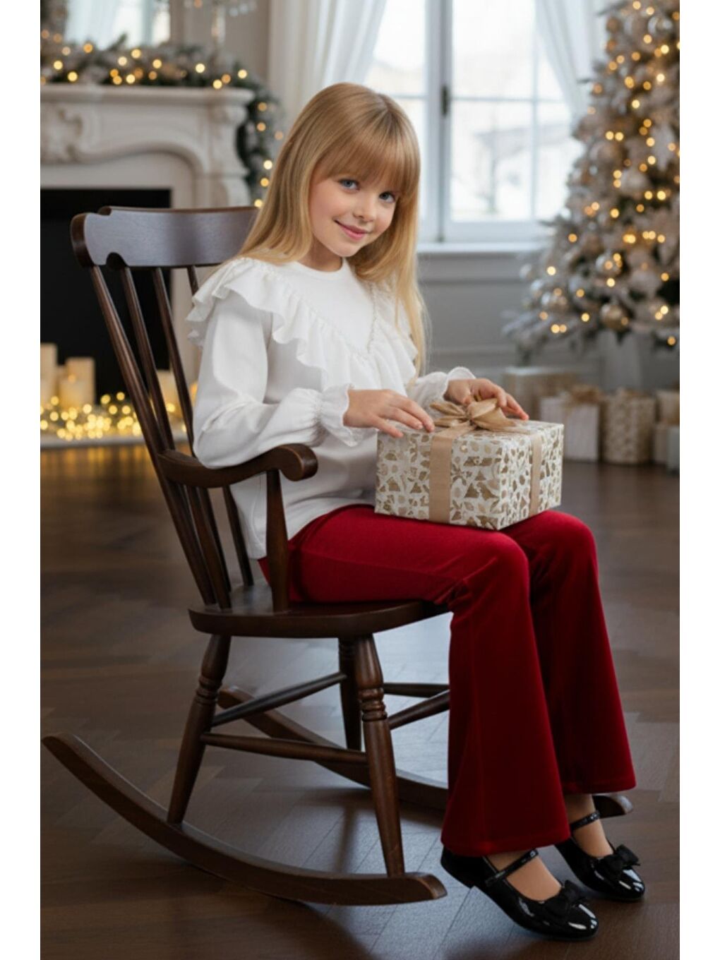 Kız Çocuk Velvet Uzun Kollu Fırfırlı Body Bluz Ispanyol Kadife Tayt Pantolon Takım Kırmızı-1