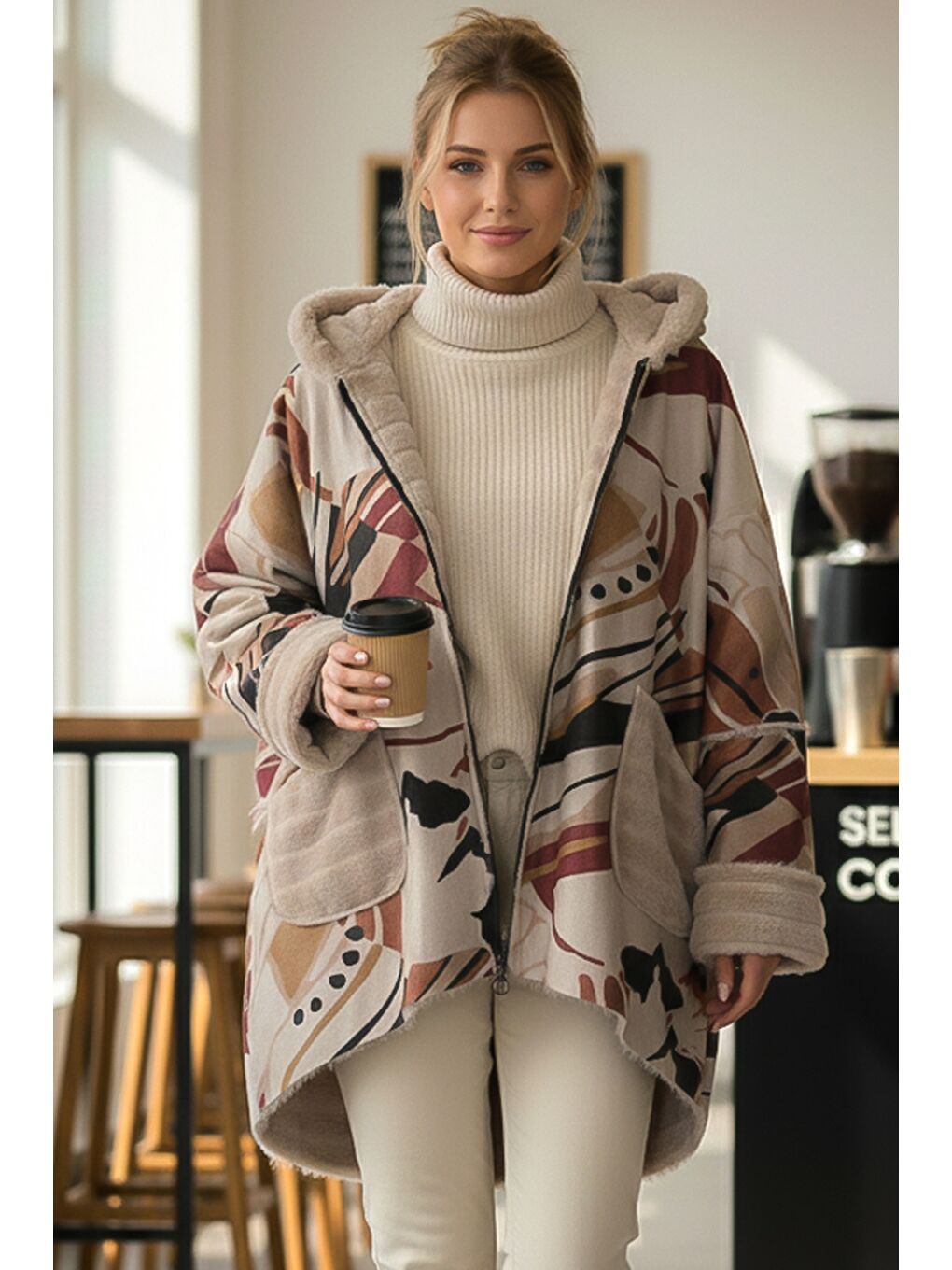 İtalyan Bej Kapüşonlu Uzun Kol Fermuarlı Cepli Casual Pelüş Arkası Uzun Oversize Dokuma Ceket 70 80-1