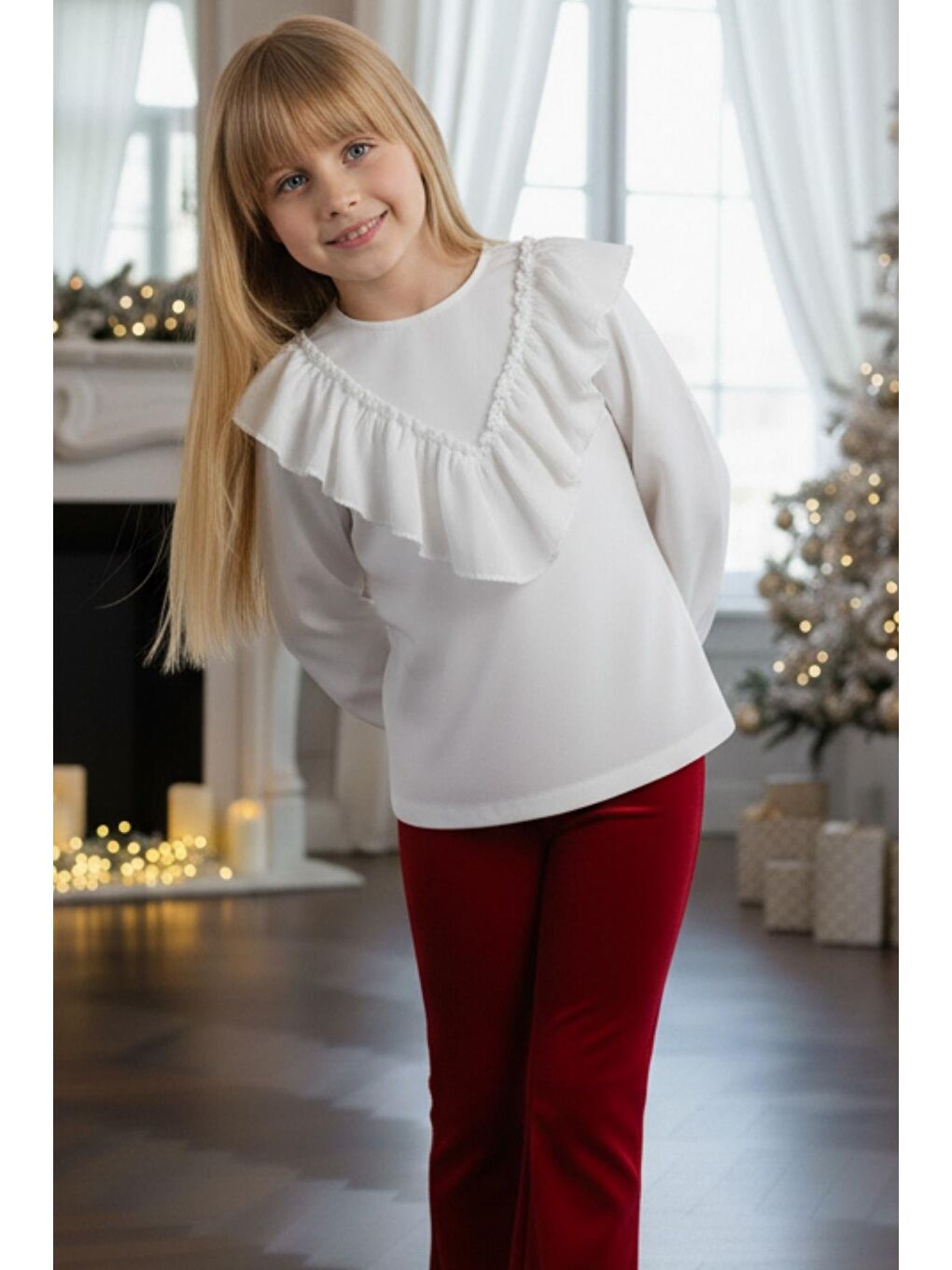 Kız Çocuk Velvet Uzun Kollu Fırfırlı Body Bluz Ispanyol Kadife Tayt Pantolon Takım Kırmızı-3