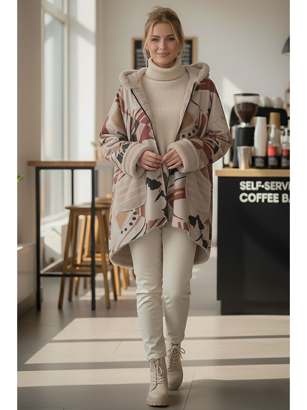 İtalyan Bej Kapüşonlu Uzun Kol Fermuarlı Cepli Casual Pelüş Arkası Uzun Oversize Dokuma Ceket 70 80-2