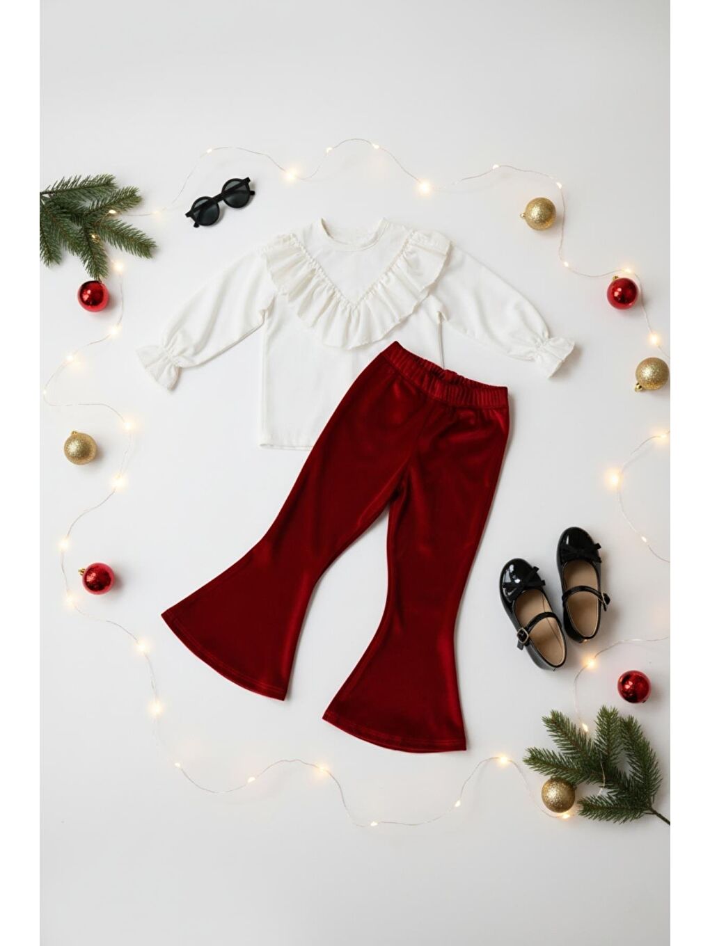 Kız Çocuk Velvet Uzun Kollu Fırfırlı Body Bluz Ispanyol Kadife Tayt Pantolon Takım Kırmızı-5