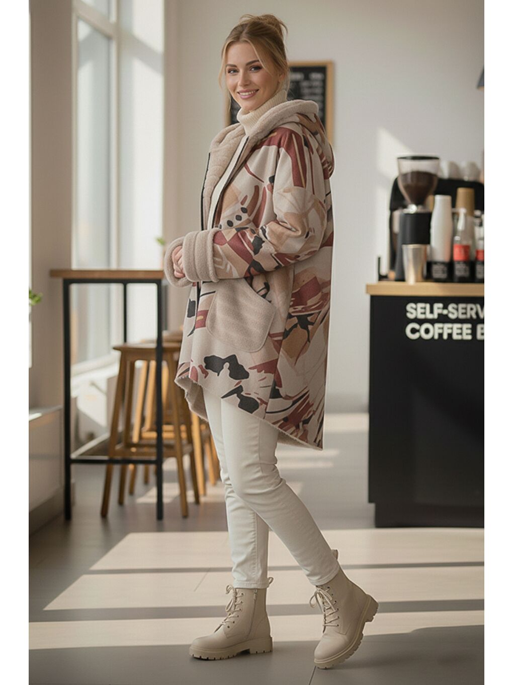 İtalyan Bej Kapüşonlu Uzun Kol Fermuarlı Cepli Casual Pelüş Arkası Uzun Oversize Dokuma Ceket 70 80-3