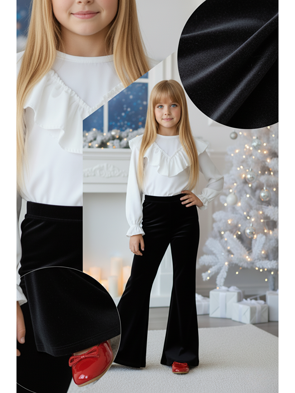 Kız Çocuk Velvet Uzun Kollu Fırfırlı Body Bluz Ispanyol Kadife Tayt Pantolon Takım Siyah-1