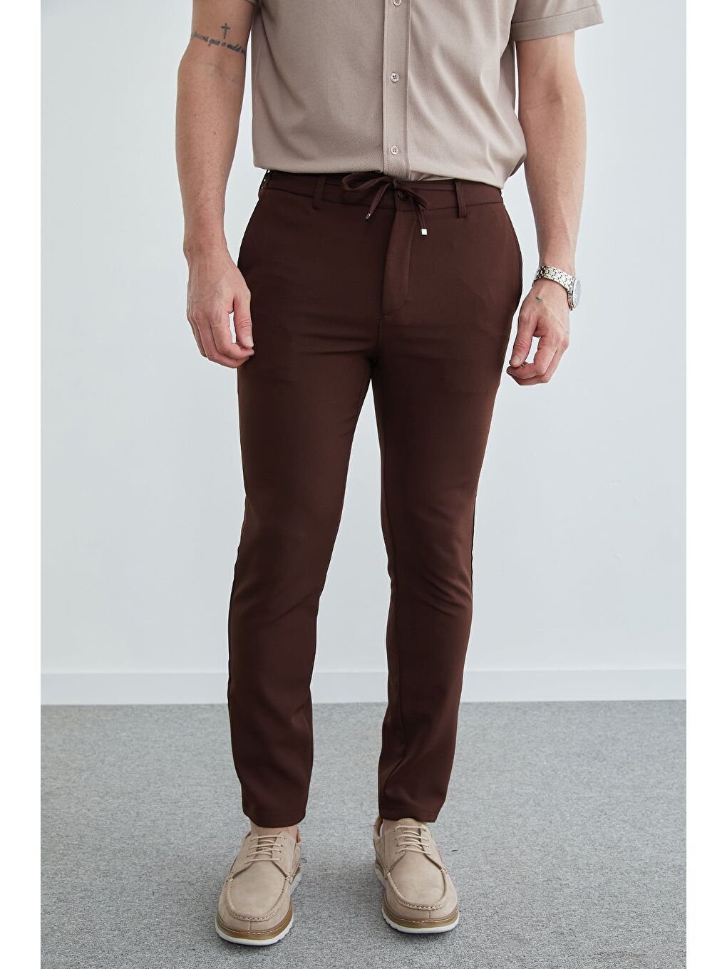 Kahverengi Büyük Beden Beli Bağlamalı Pantolon-1