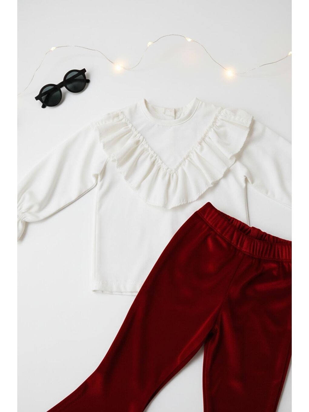 Kız Çocuk Velvet Uzun Kollu Fırfırlı Body Bluz Ispanyol Kadife Tayt Pantolon Takım Kırmızı-6