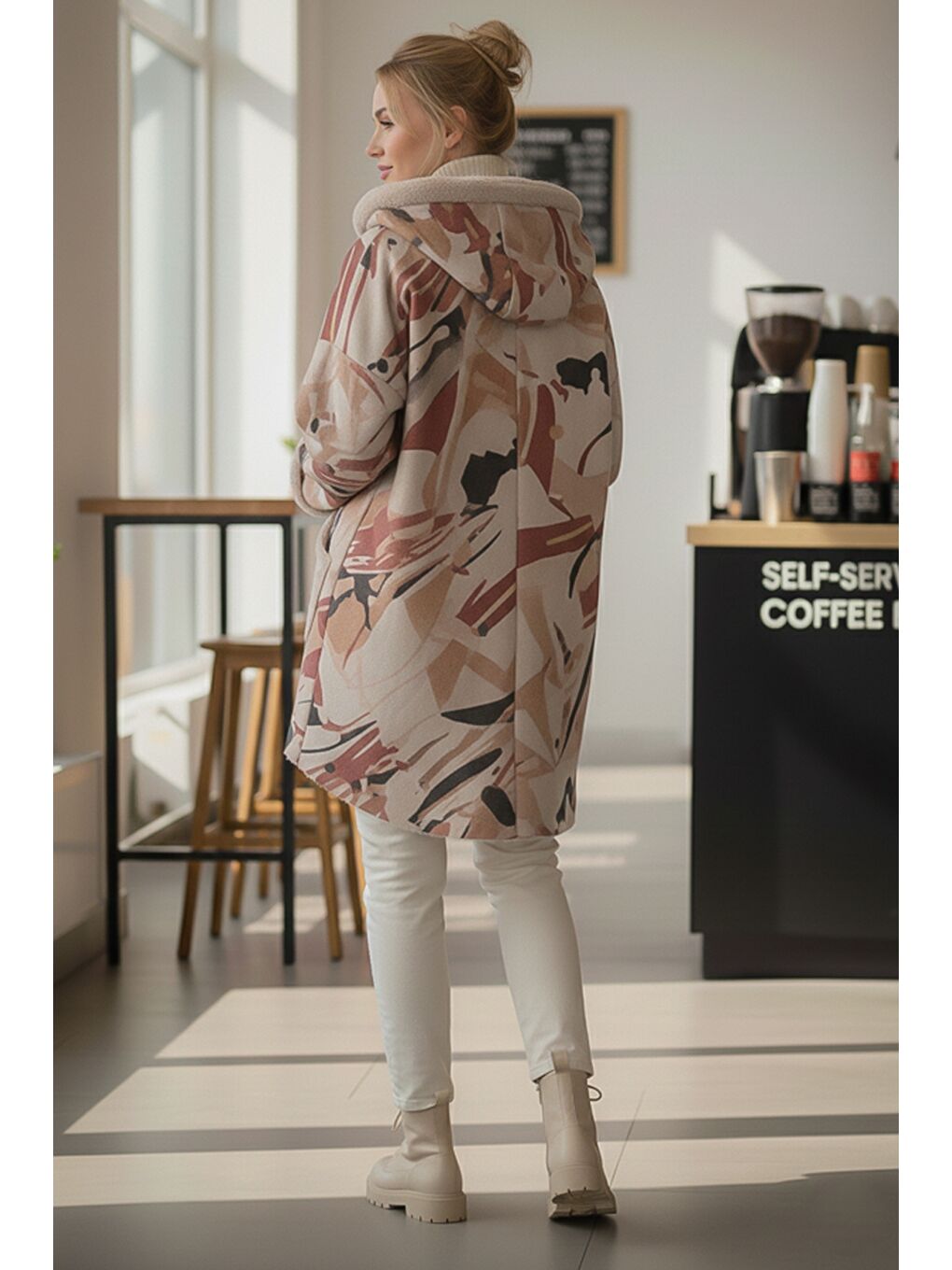 İtalyan Bej Kapüşonlu Uzun Kol Fermuarlı Cepli Casual Pelüş Arkası Uzun Oversize Dokuma Ceket 70 80-4