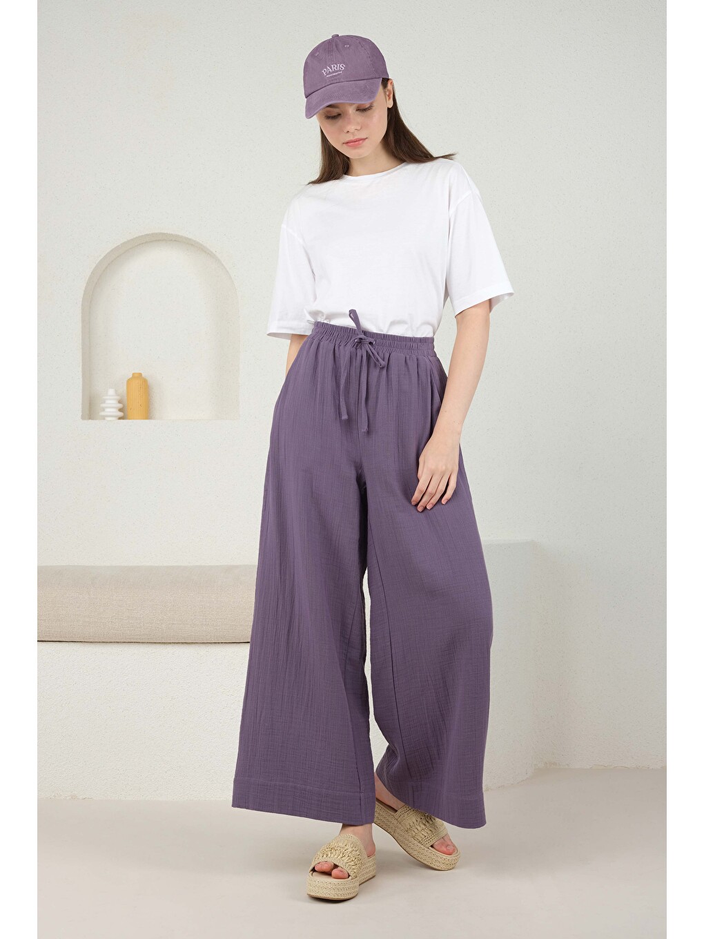 Mor Müslin Bol Paça Pantolon Menekşe-2