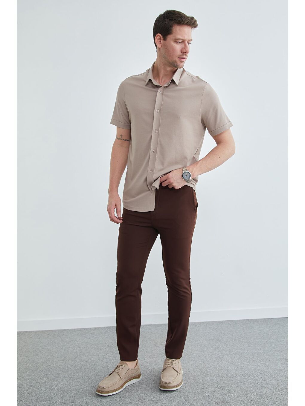 Kahverengi Büyük Beden Beli Bağlamalı Pantolon-2