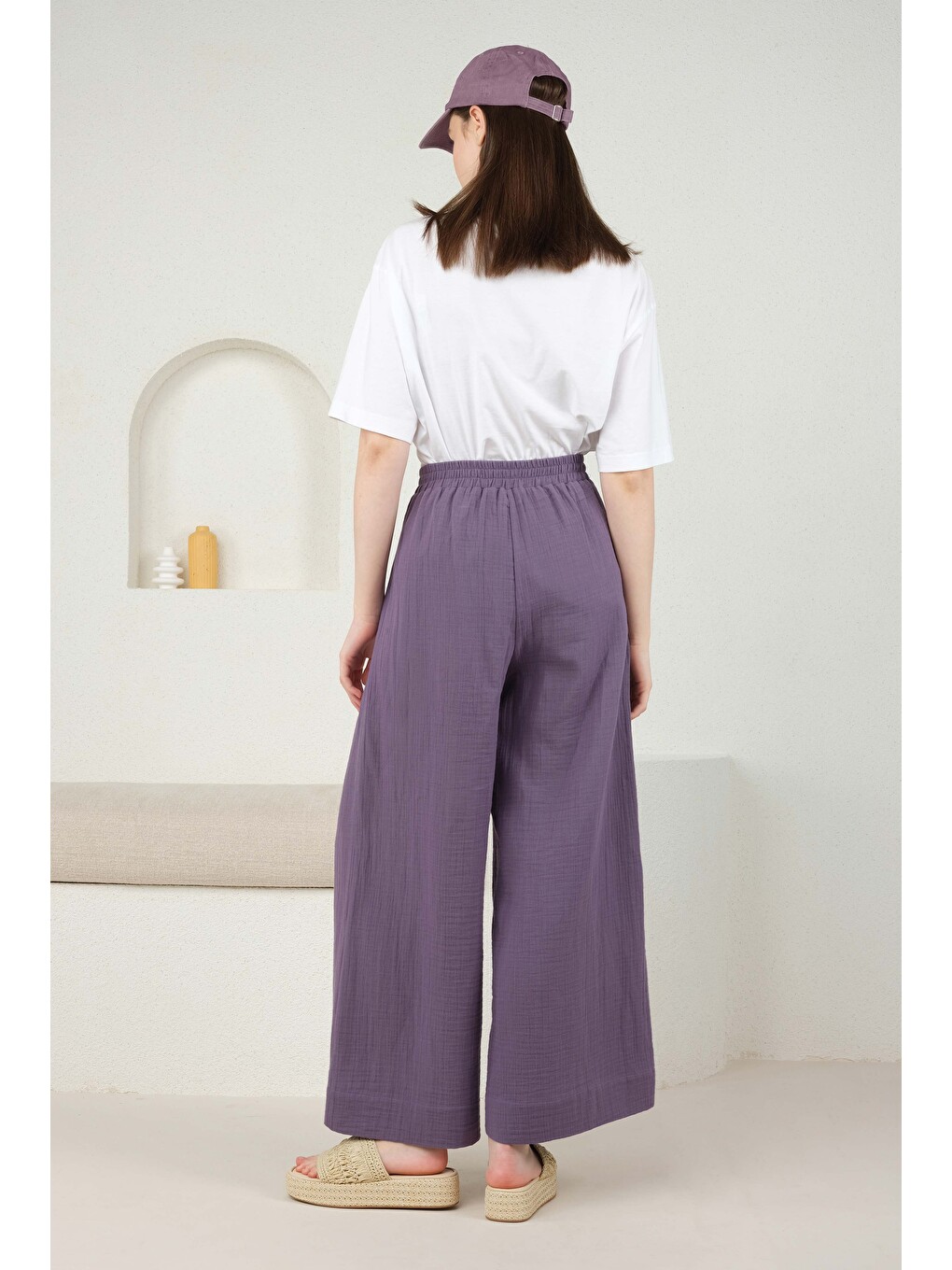 Mor Müslin Bol Paça Pantolon Menekşe-3