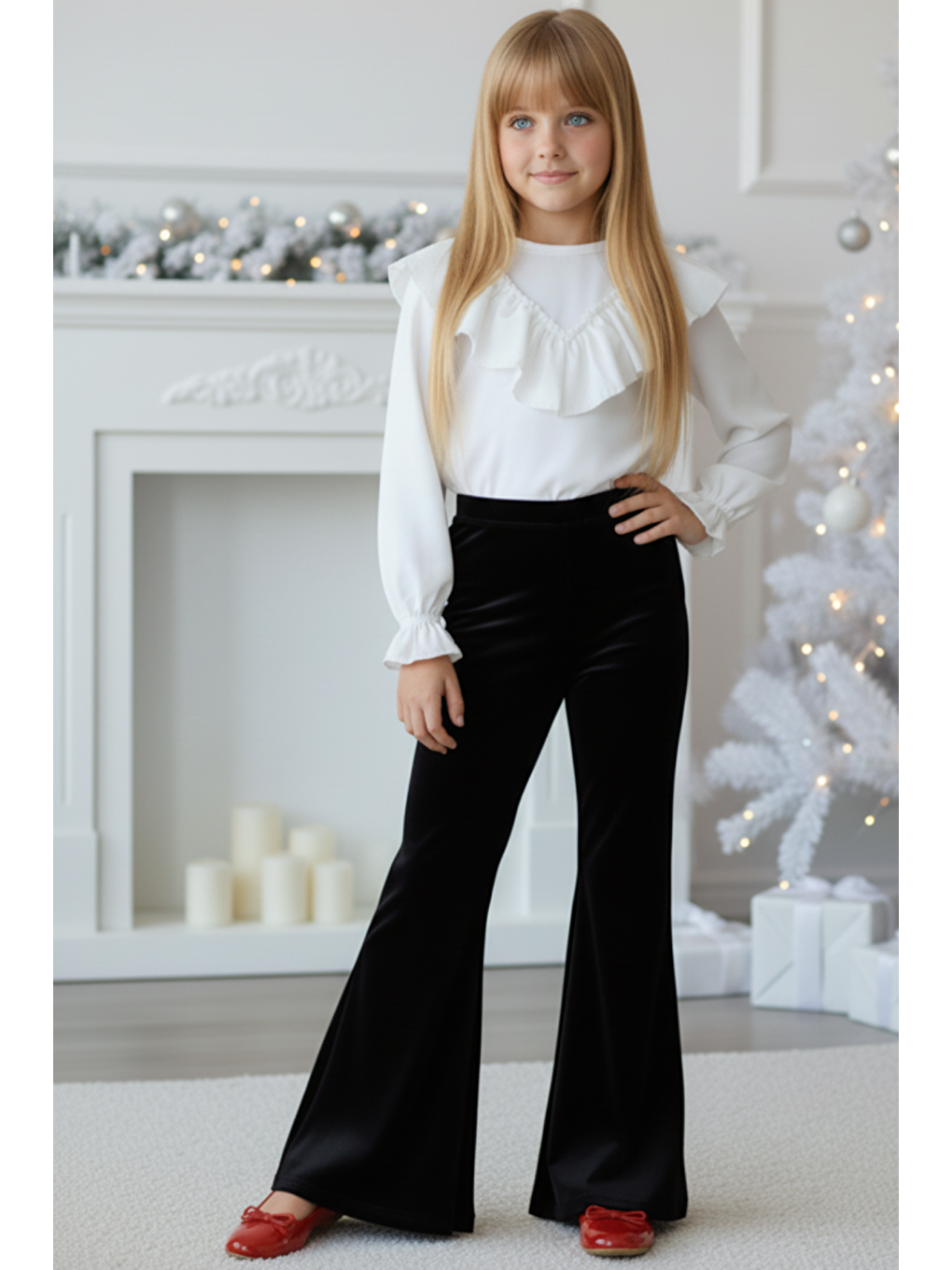 Kız Çocuk Velvet Uzun Kollu Fırfırlı Body Bluz Ispanyol Kadife Tayt Pantolon Takım Siyah-2
