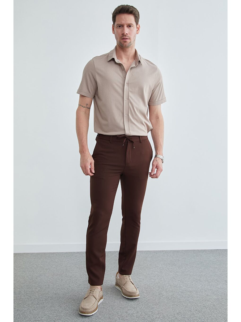 Kahverengi Büyük Beden Beli Bağlamalı Pantolon-4